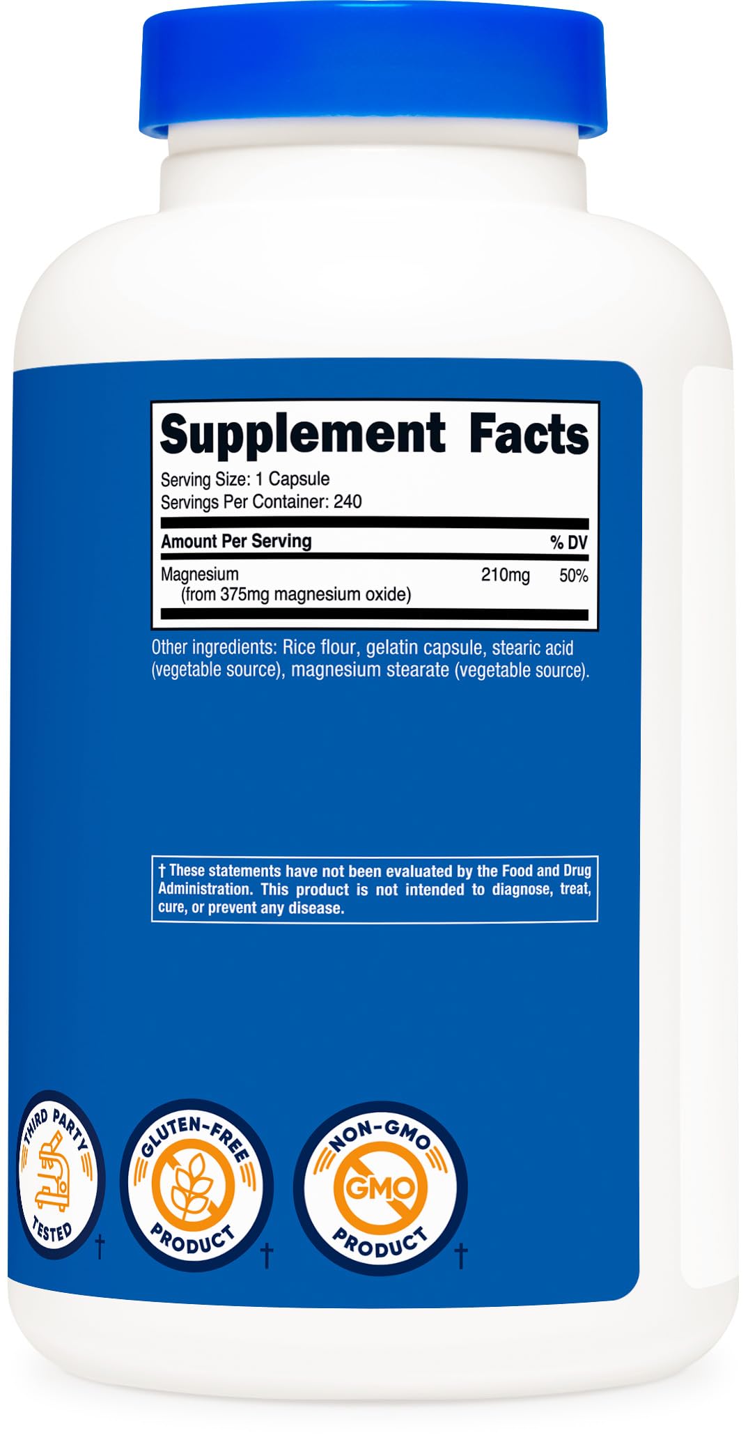 Étiquette Nutricost Magnésium Oxyde sur la bouteille, conformité GMP et FDA.