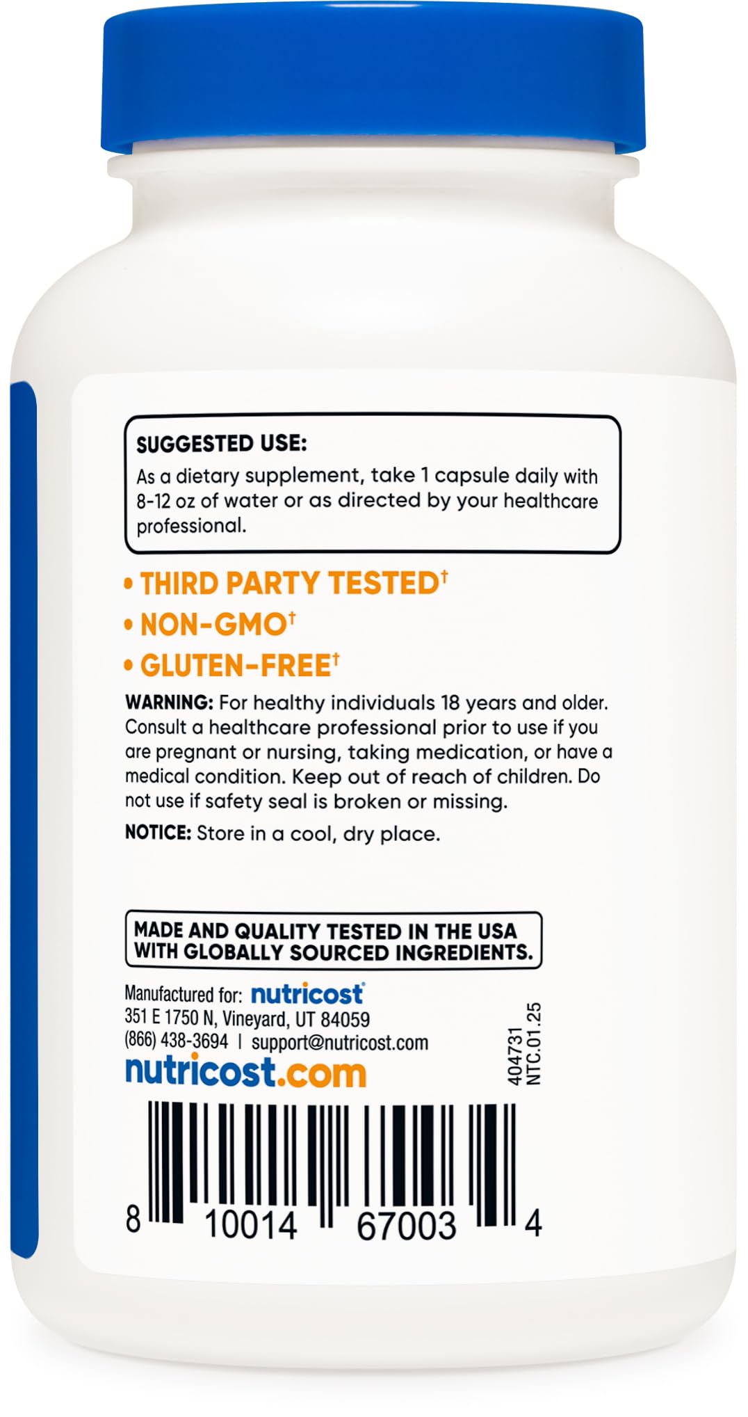 Bouteille Nutricost Bromélaïne affichant les certifications de qualité.