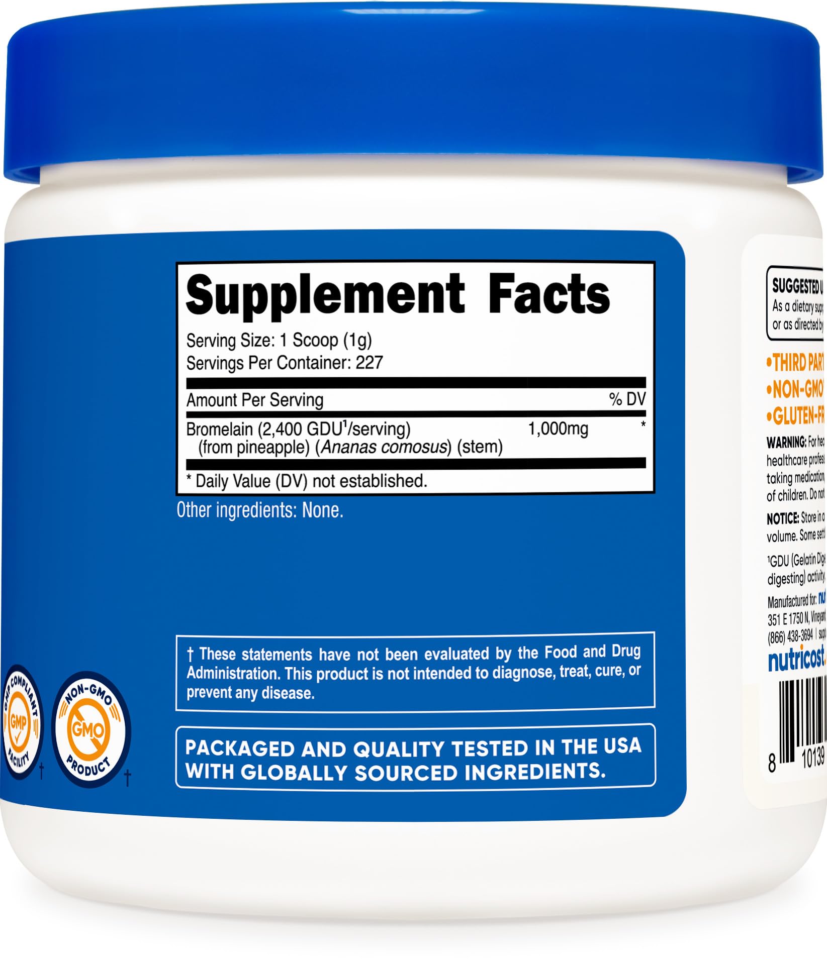 Nutricost Bromélaïne Étiquette-certification, produit certifié et conforme.