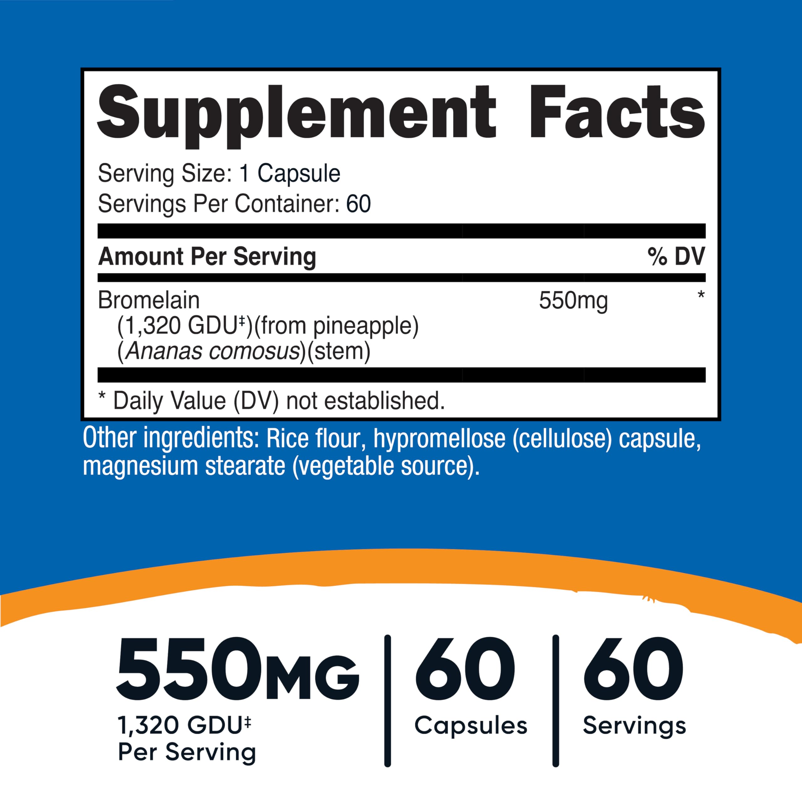 Nutricost Bromélaïne capsules 60: étiquette claire assurant traçabilité et sécurité.