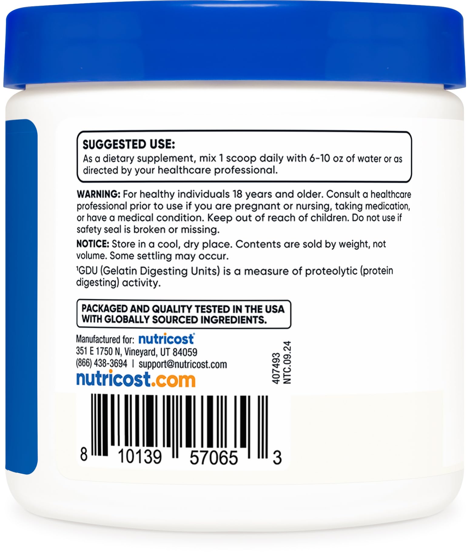 Nutricost Bromélaïne Poudre : étiquette claire avec Non-OGM et Sans Gluten.