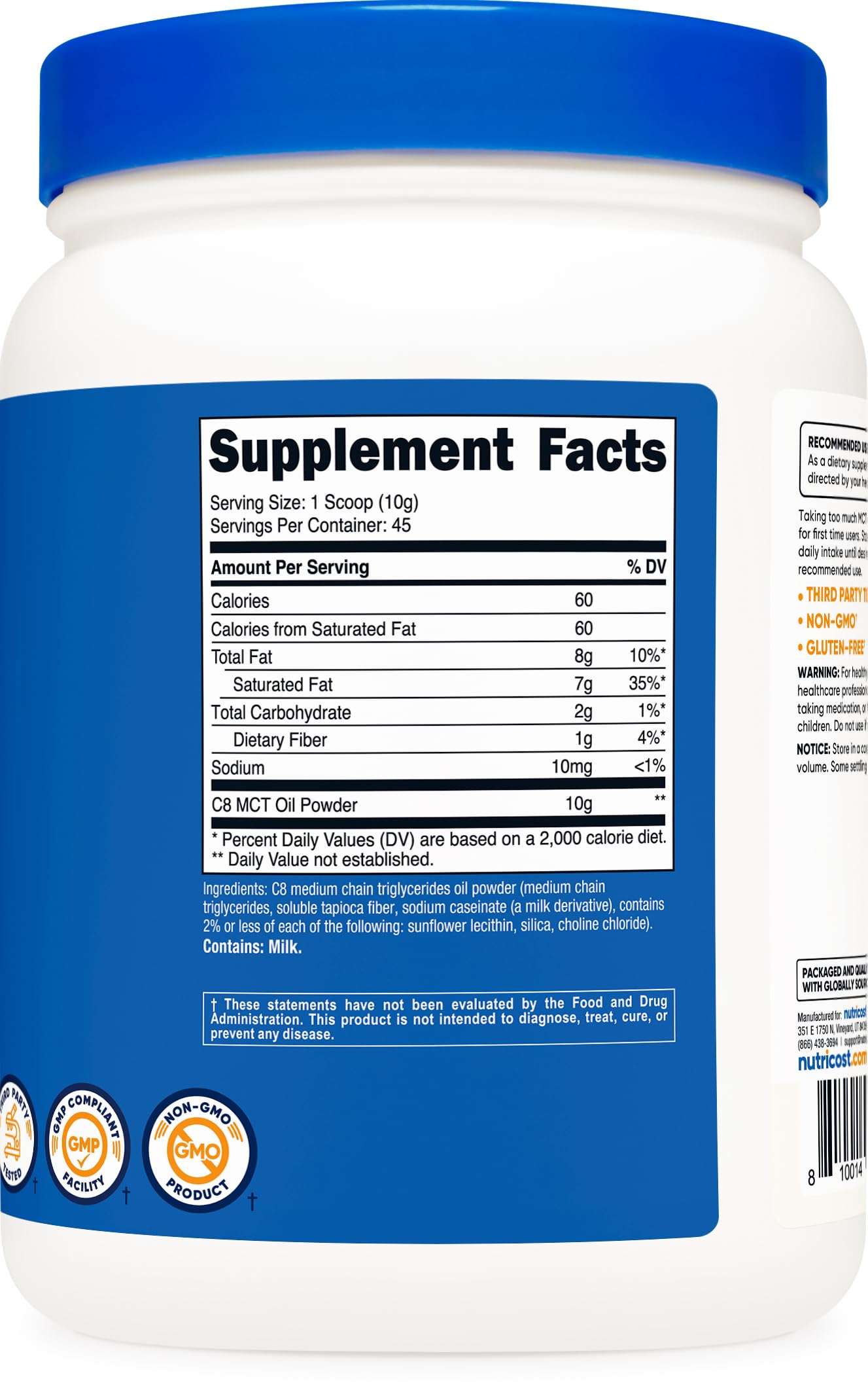 Nutricost C8 MCT Poudre emballage clair et traçabilité.