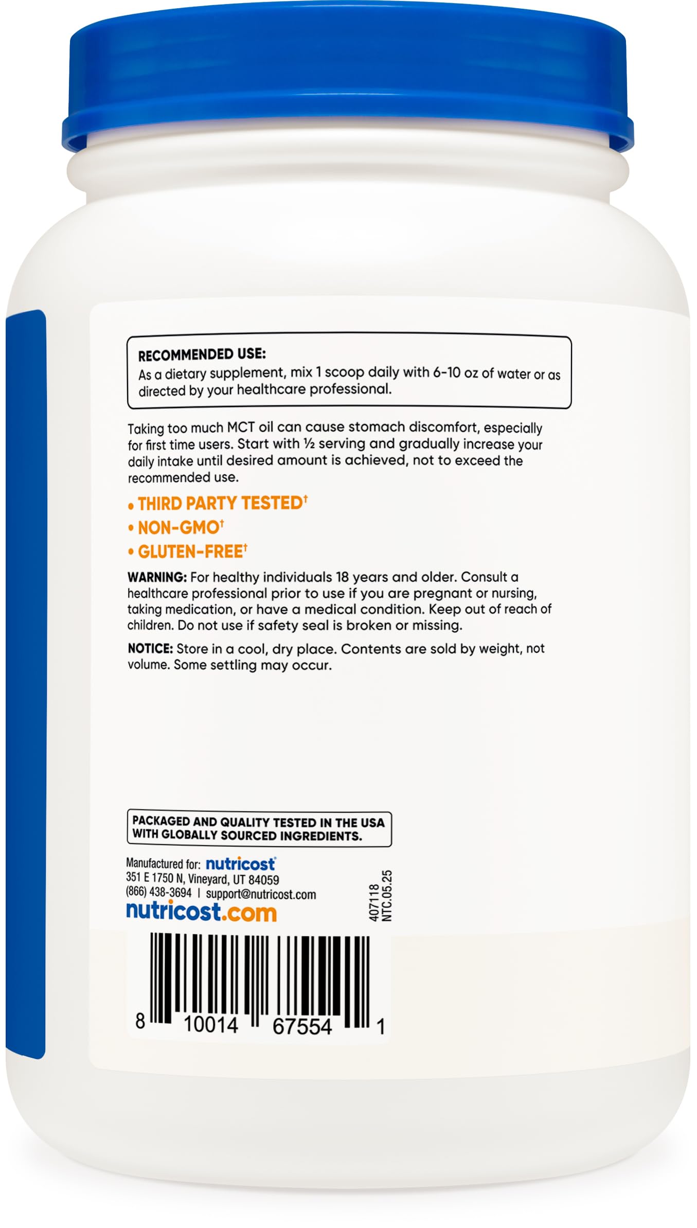 Nutricost C8 MCT Poudre étiquette claire avec ingrédients sans gluten.