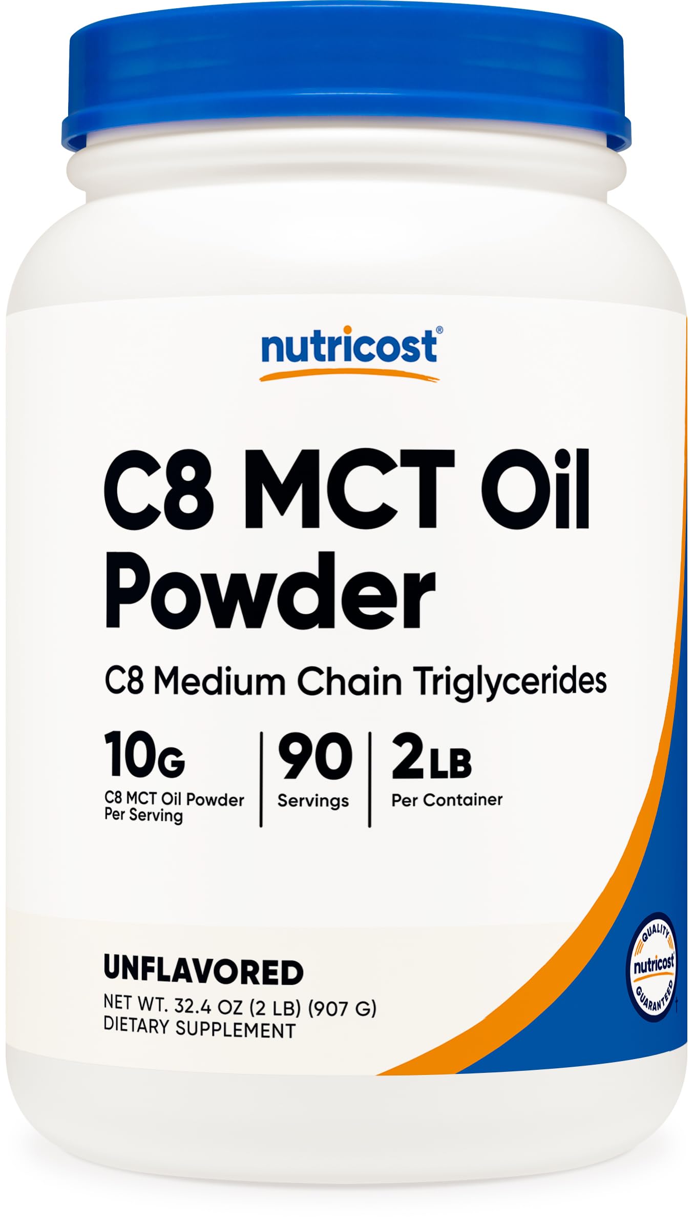 Nutricost C8 MCT Poudre dans pot 32 oz pour énergie rapide et pratique.