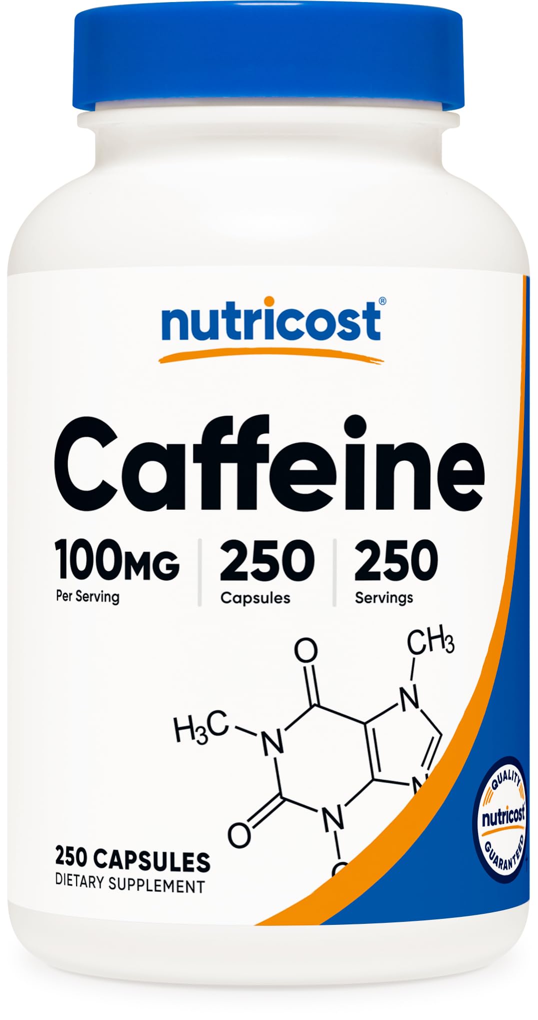 Nutricost Caféine 100 mg en capsules, boîte, énergie soutenue.