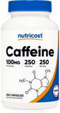Nutricost Caféine 100 mg en capsules, boîte, énergie soutenue.
