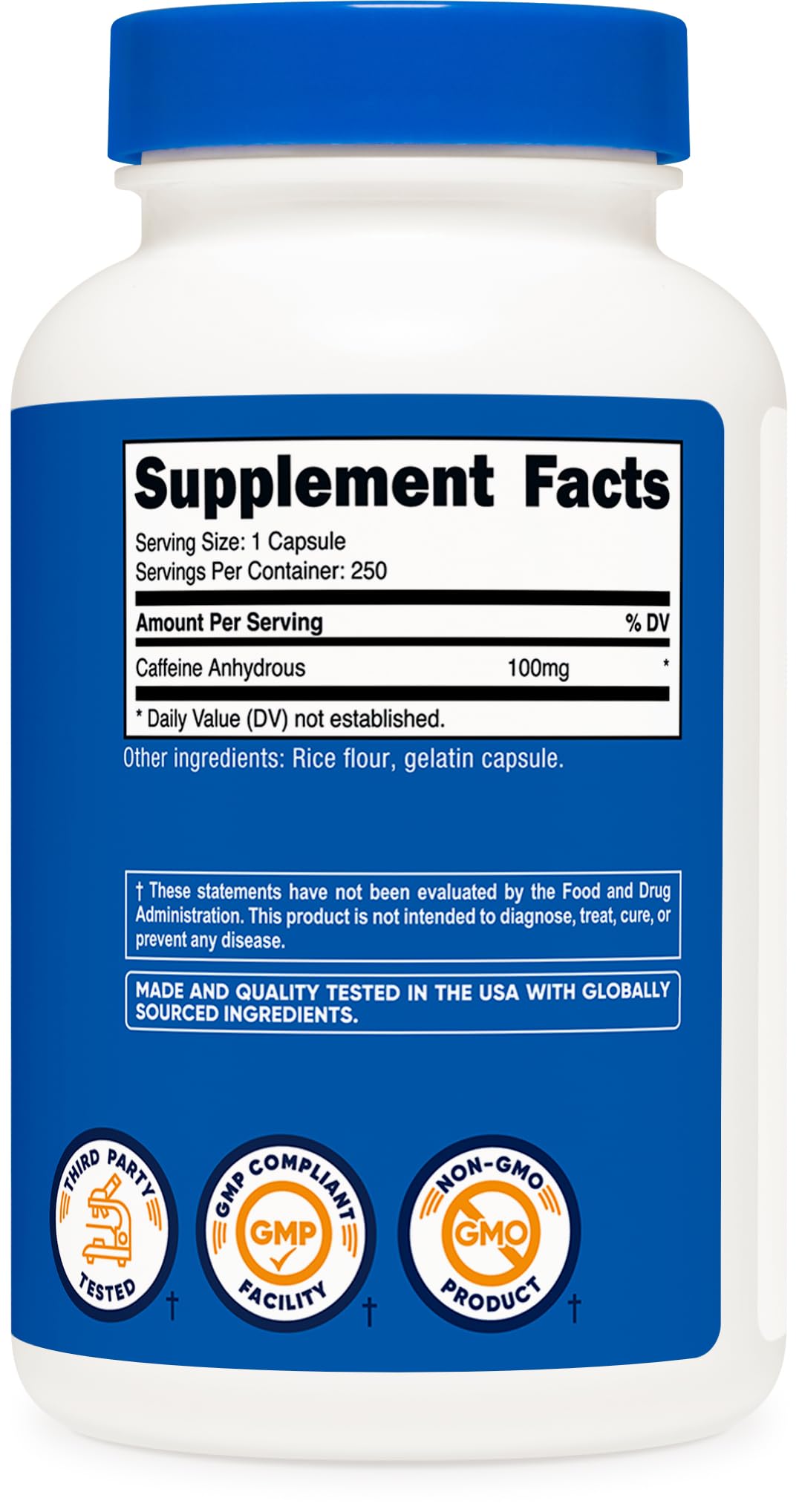 Nutricost Caféine 100 mg, usage quotidien sans sucre ajouté.