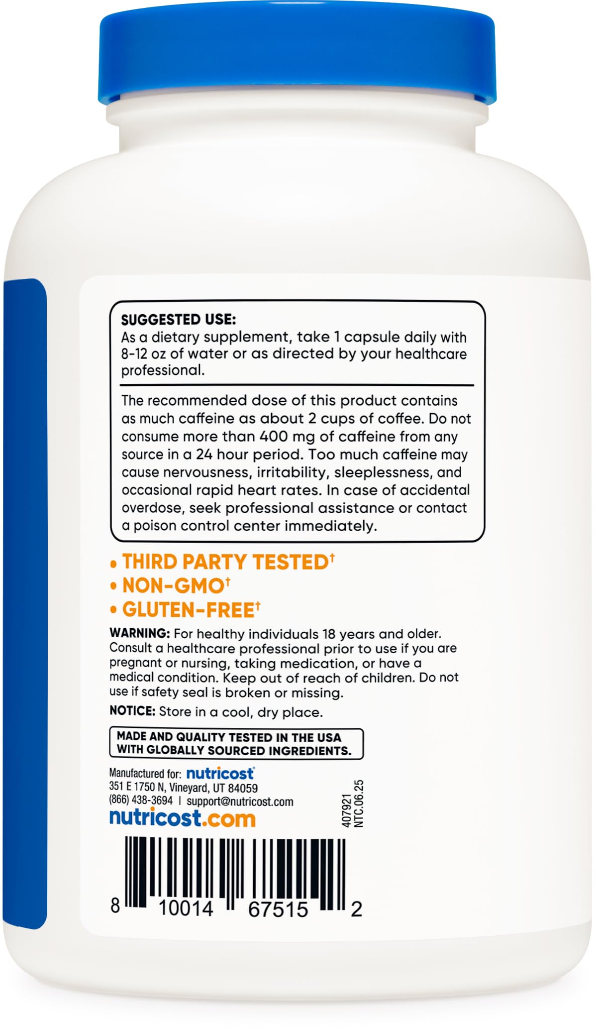 Nutricost caféine 200 mg boîte ouverte – accès rapide à l'énergie.