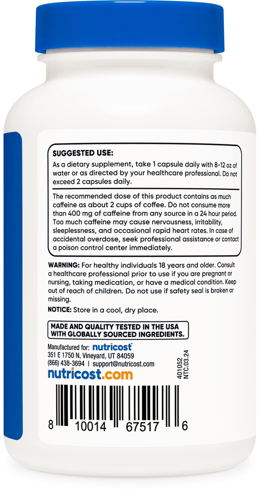 Utilisation pré-entraînement avec Nutricost Caféine 200 mg pour une concentration accrue.