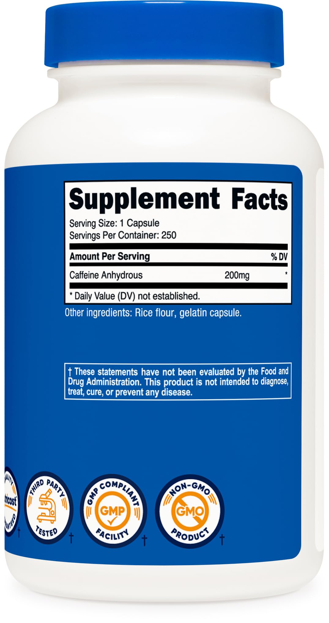 Boîte Nutricost Caféine 200 mg, compacte et idéale en déplacement.