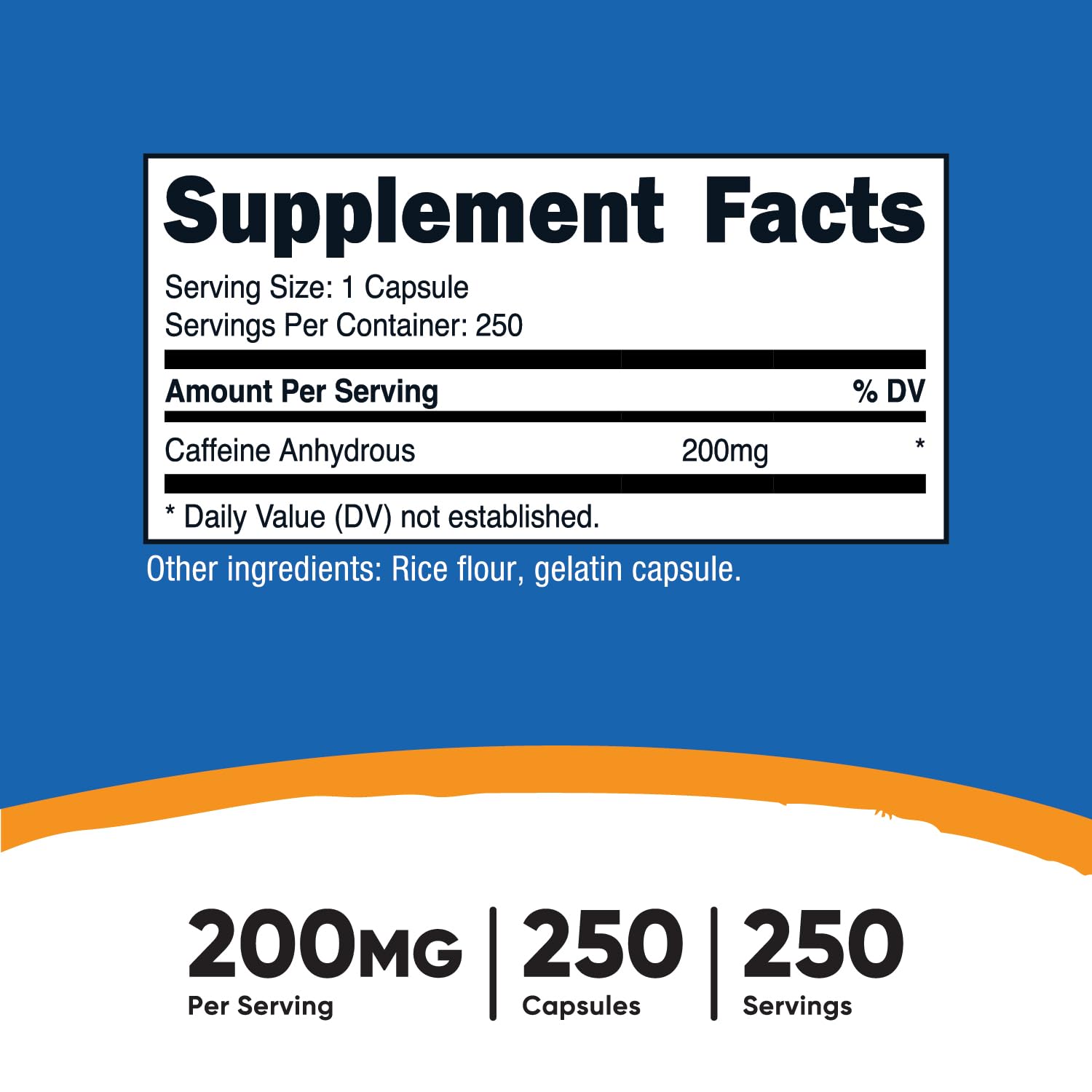 Étiquette Nutricost Caféine 200 mg indiquant la dose par capsule sans calories.