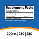 Étiquette Nutricost Caféine 200 mg indiquant la dose par capsule sans calories.