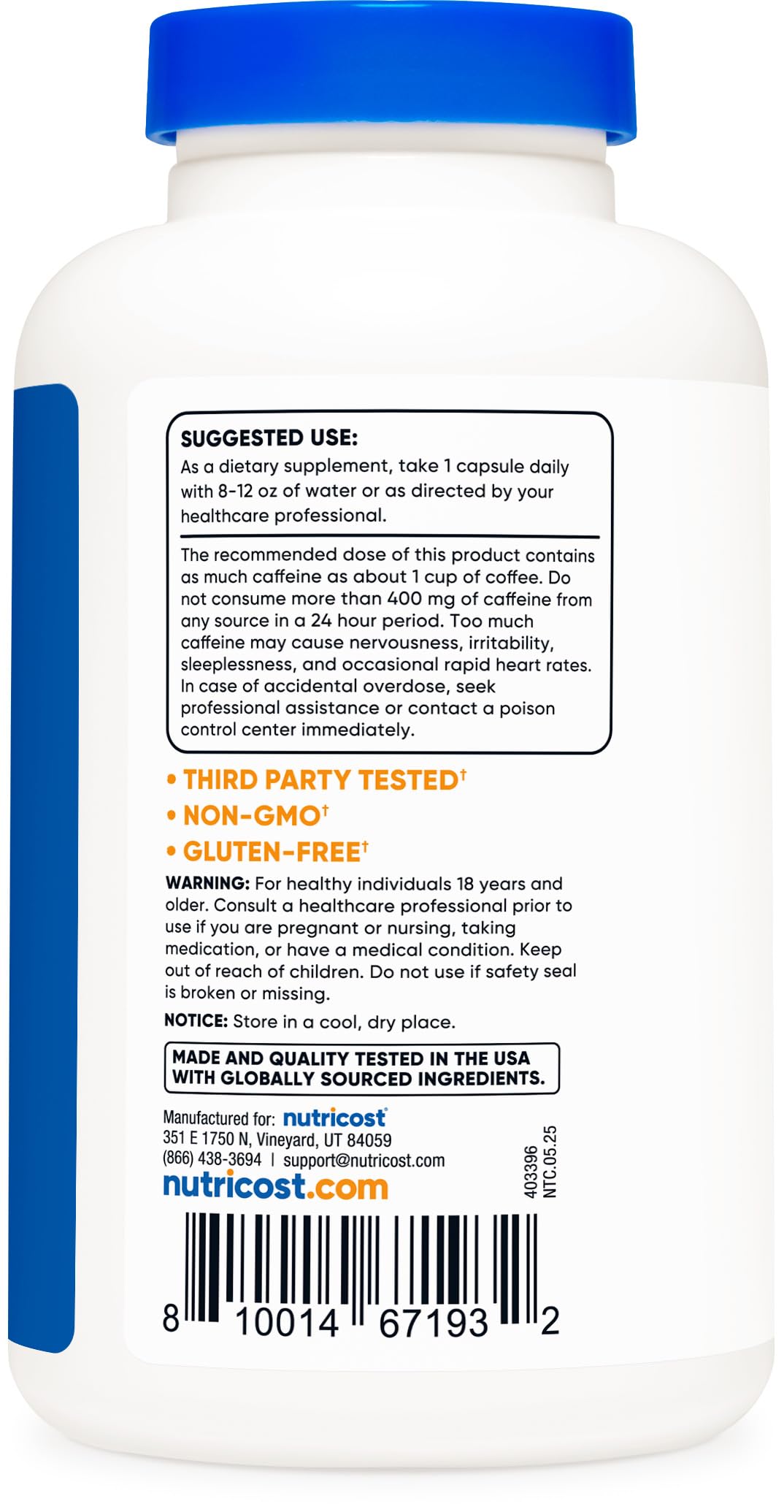 Nutricost Caféine avec L-Theanine — Étiquette: informations claires sur les ingrédients et l'emploi.