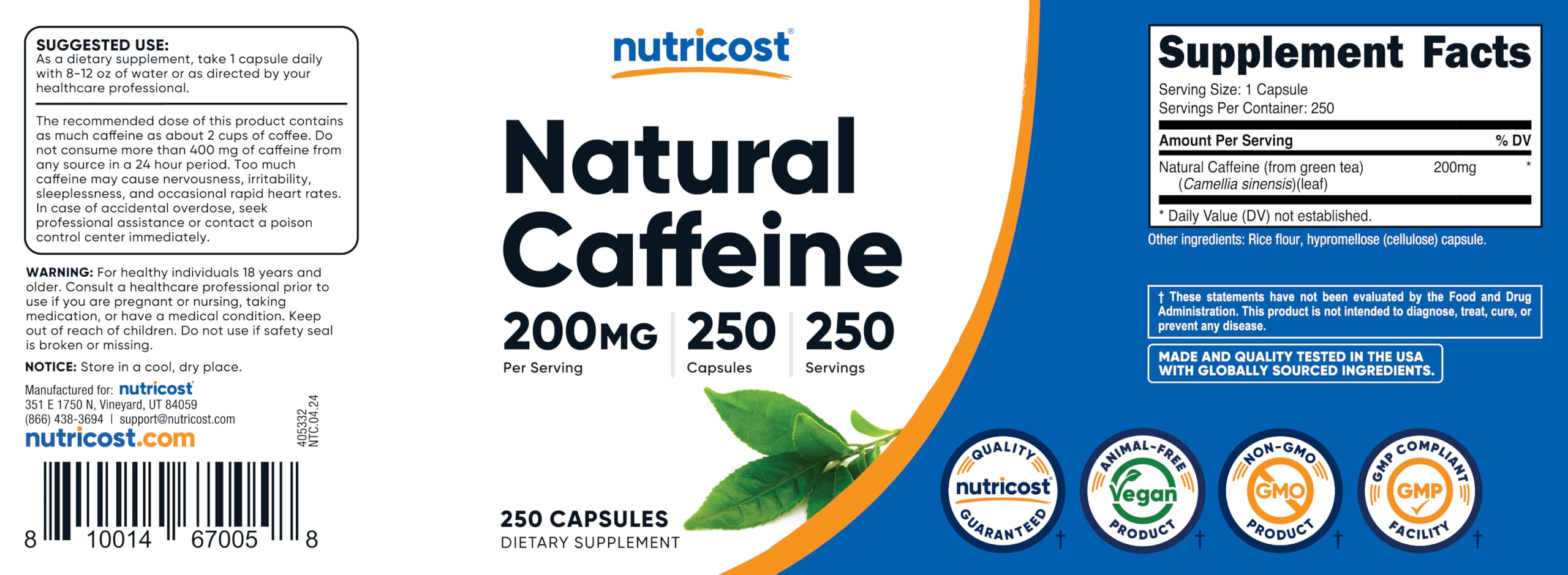Nutricost Caféine Naturelle — boîte ouverte prête à l’emploi.