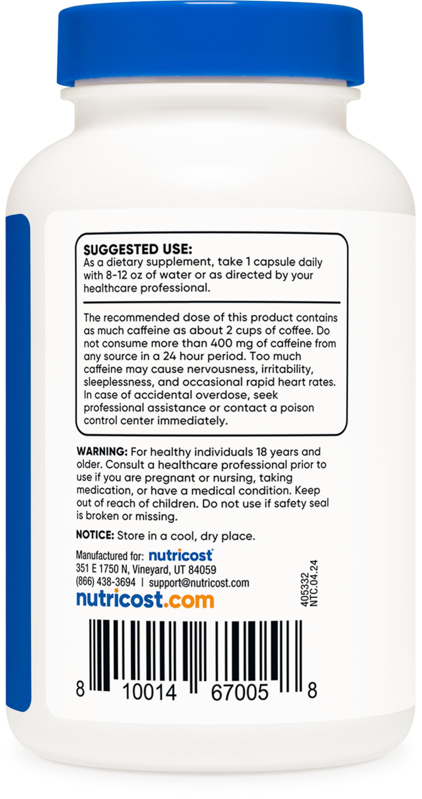 Nutricost Caféine Naturelle — étiquette recto avec informations claires.