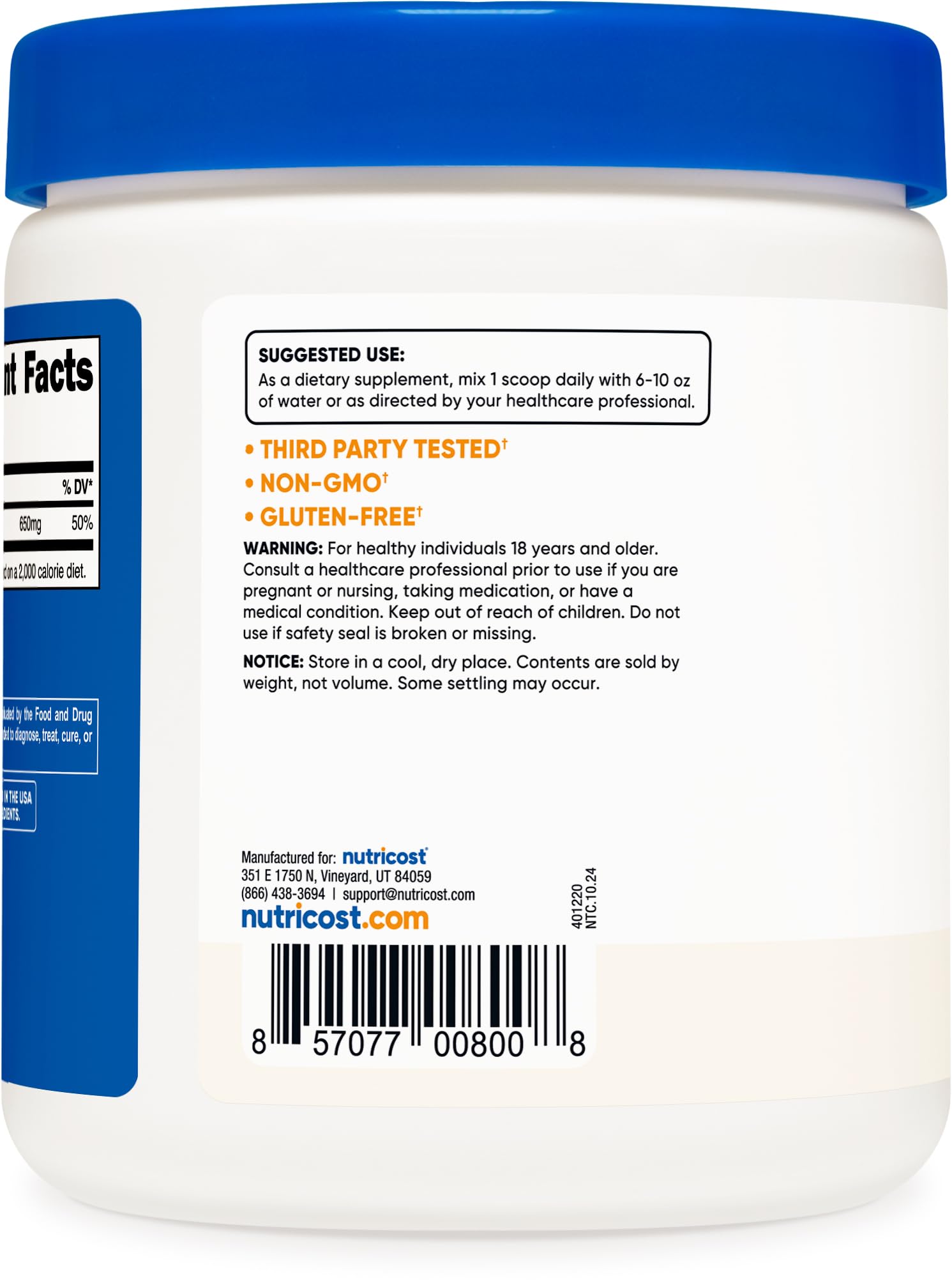 Nutricost Calcium Carbonate – emballage refermable pour stockage pratique.