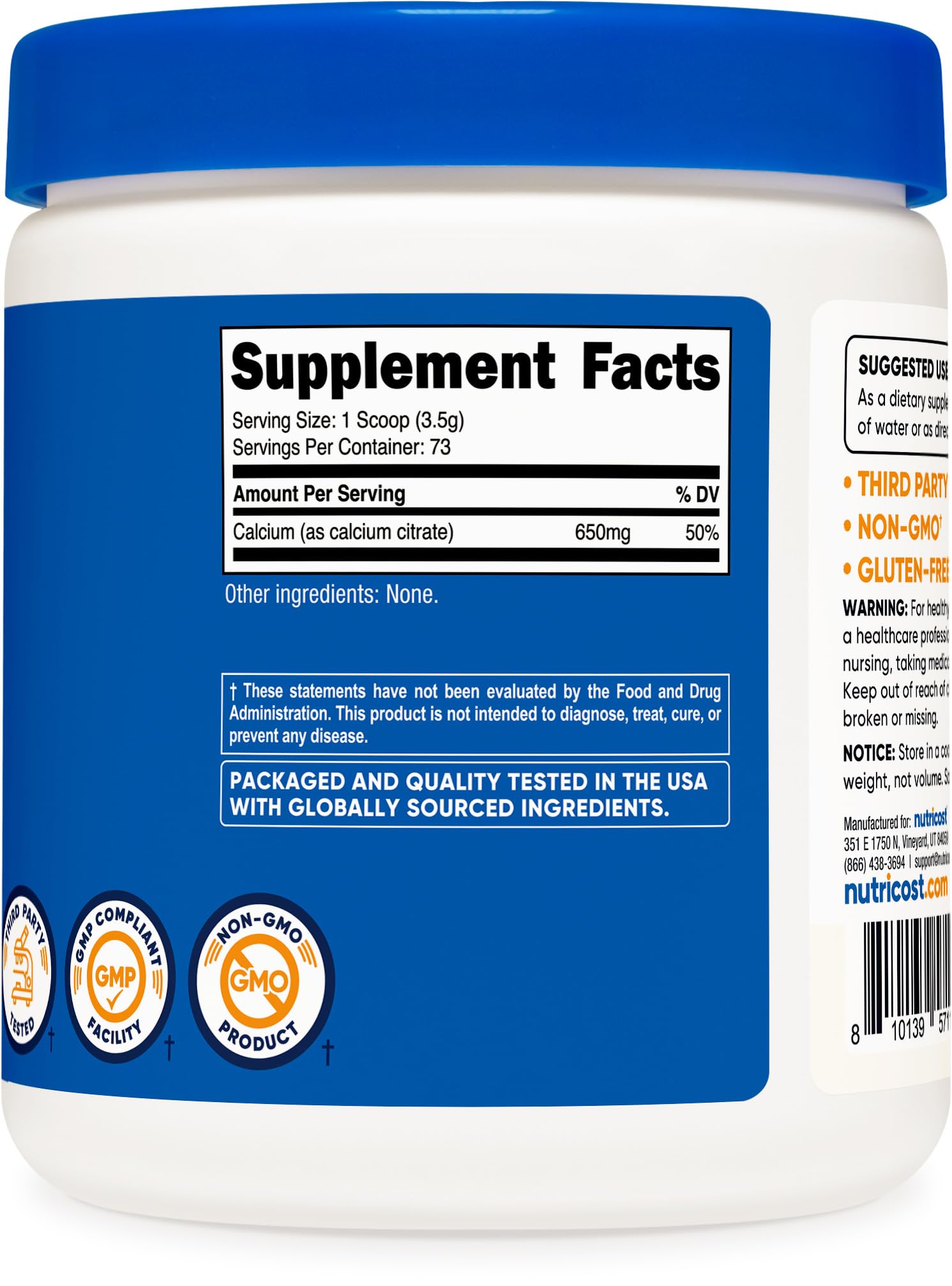 Nutricost Calcium Citrate, formulation végétarienne sans OGM et sans gluten.