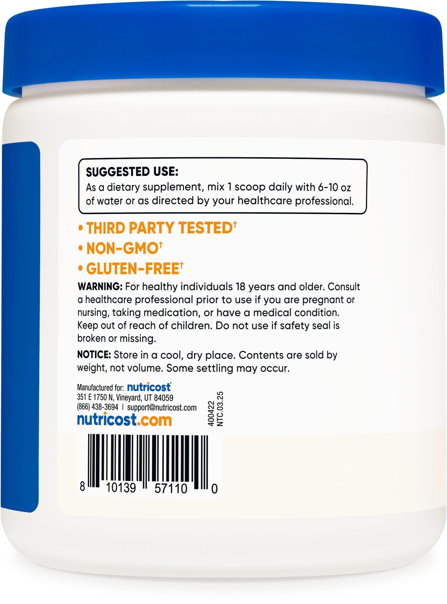 Mélange neutre Nutricost Calcium Citrate idéal pour boissons et yaourts.