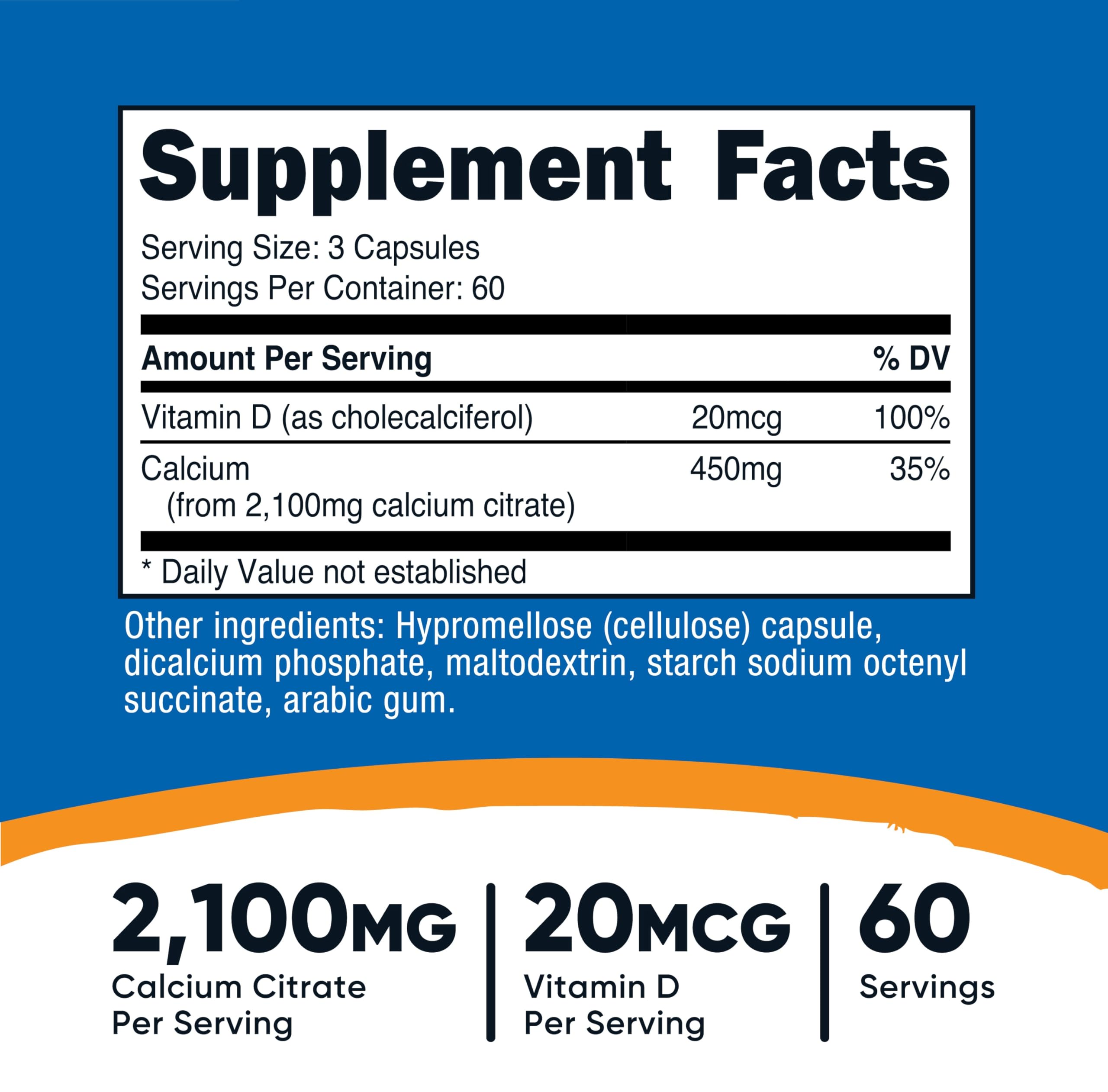 Gélules végétariennes Nutricost Calcium Citrate + Vitamine D, faciles à avaler pour tous les régimes.