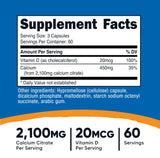 Gélules végétariennes Nutricost Calcium Citrate + Vitamine D, faciles à avaler pour tous les régimes.
