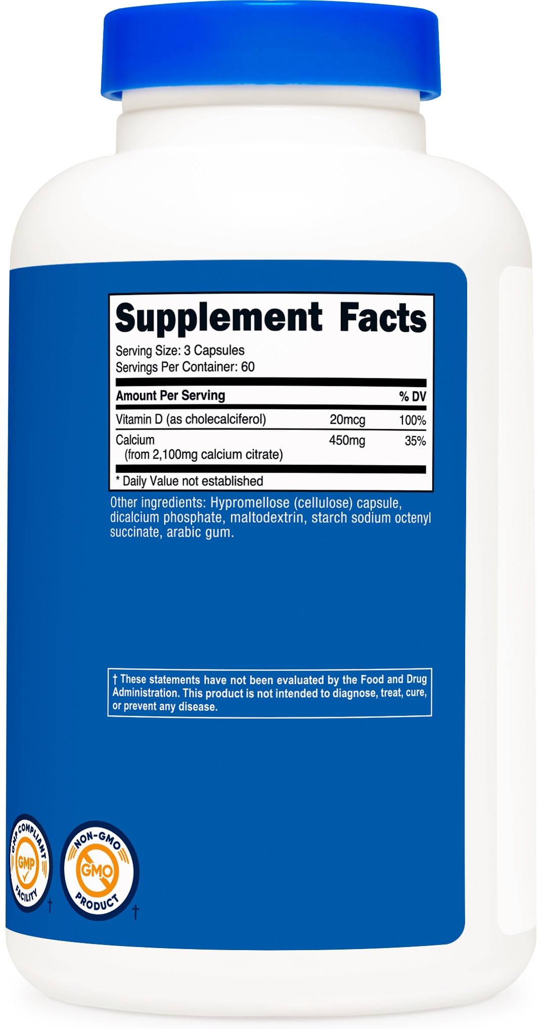 Nutricost Calcium Citrate + Vitamine D, fabrication certifiée NSF et conformité GMP/FDA pour qualité.