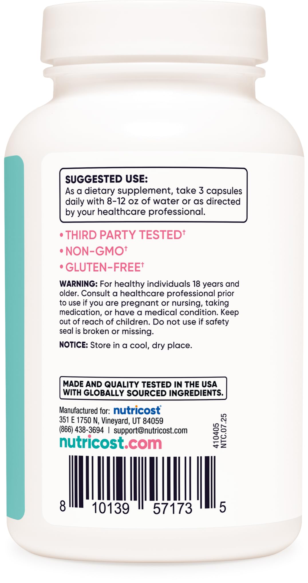 Nutricost Calcium D3, étiquette végan et sans OGM, capsule pratique.