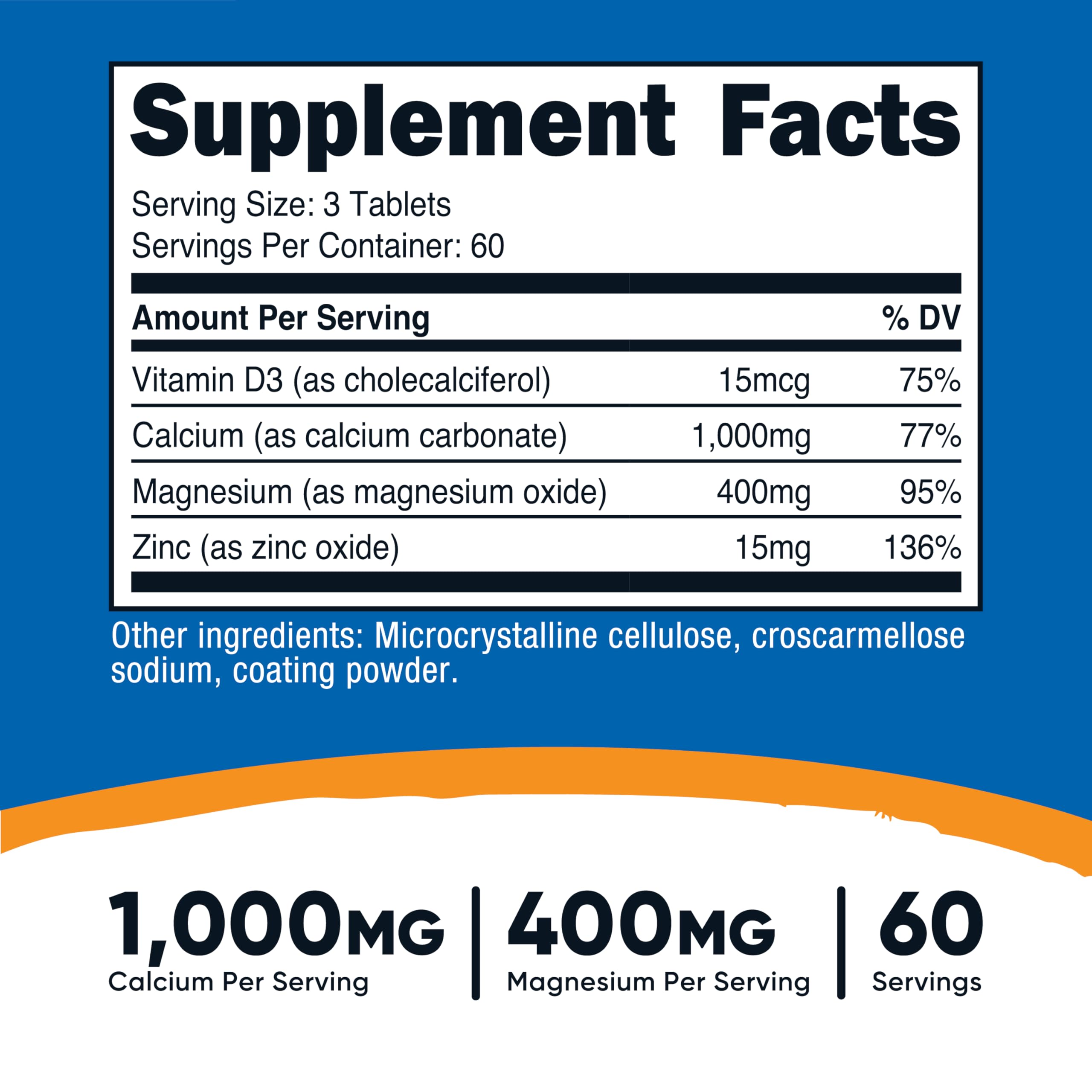 Étiquette Nutricost Calcium-Magnésium-Zinc, informations claires sur la composition.