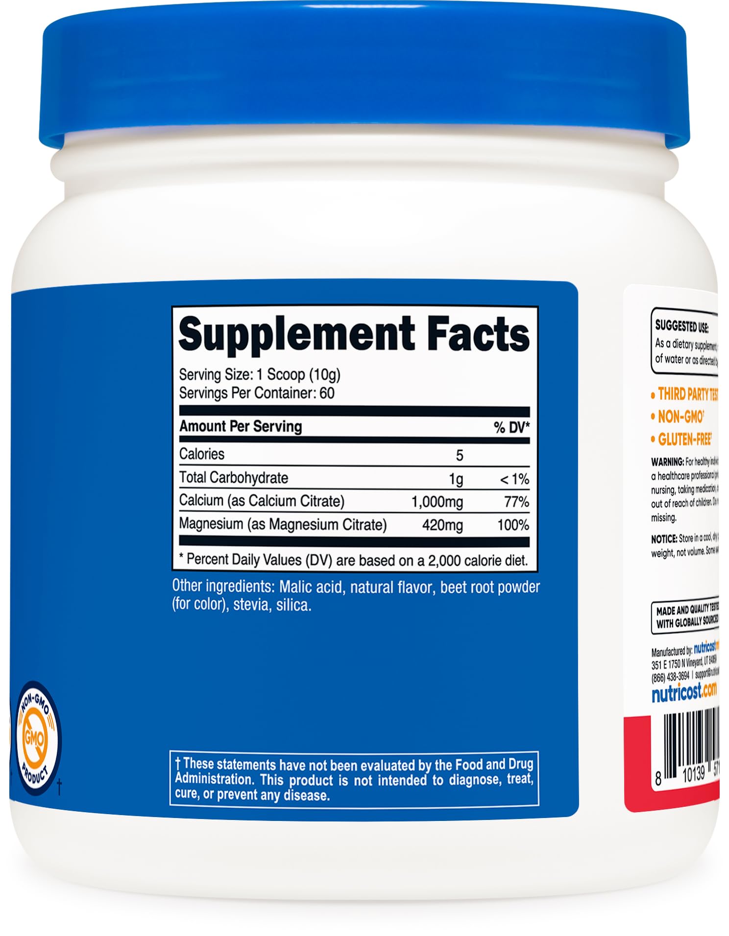 Étiquette Nutricost Calcuim Magnésium, conformité NSF GMP et traçabilité