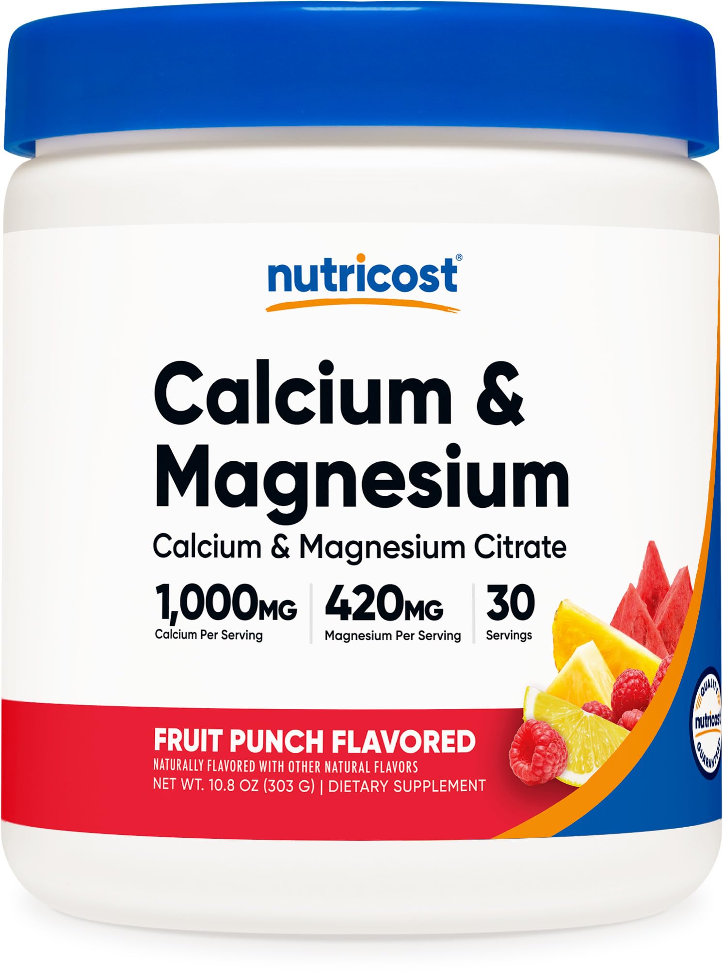 Nutricost Calcium Magnésium Poudre Fruit Punch, boîte, apport minéral quotidien.