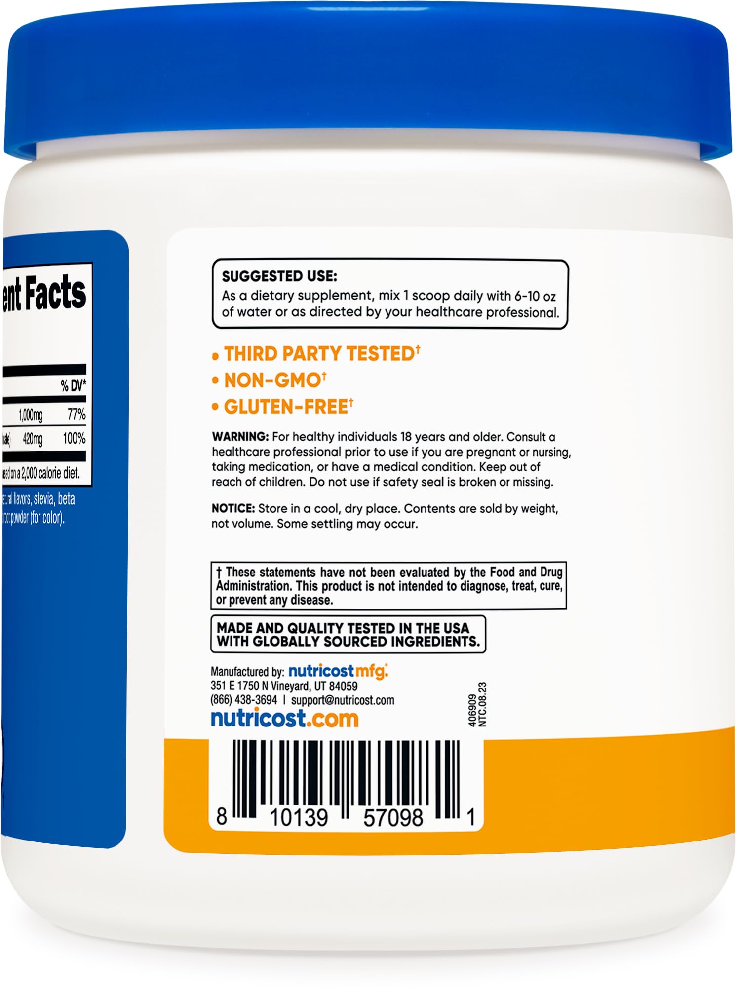 Nutricost Calcium Magnésium Poudre Saveur Pêche Mangue, goût agréable.