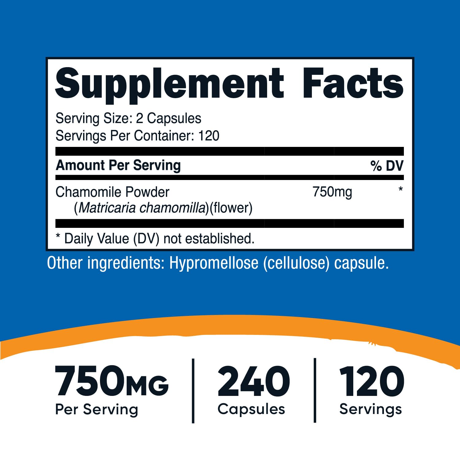 Nutricost camomille 750 mg par portion, étiquette claire, idéal pour une dose quotidienne