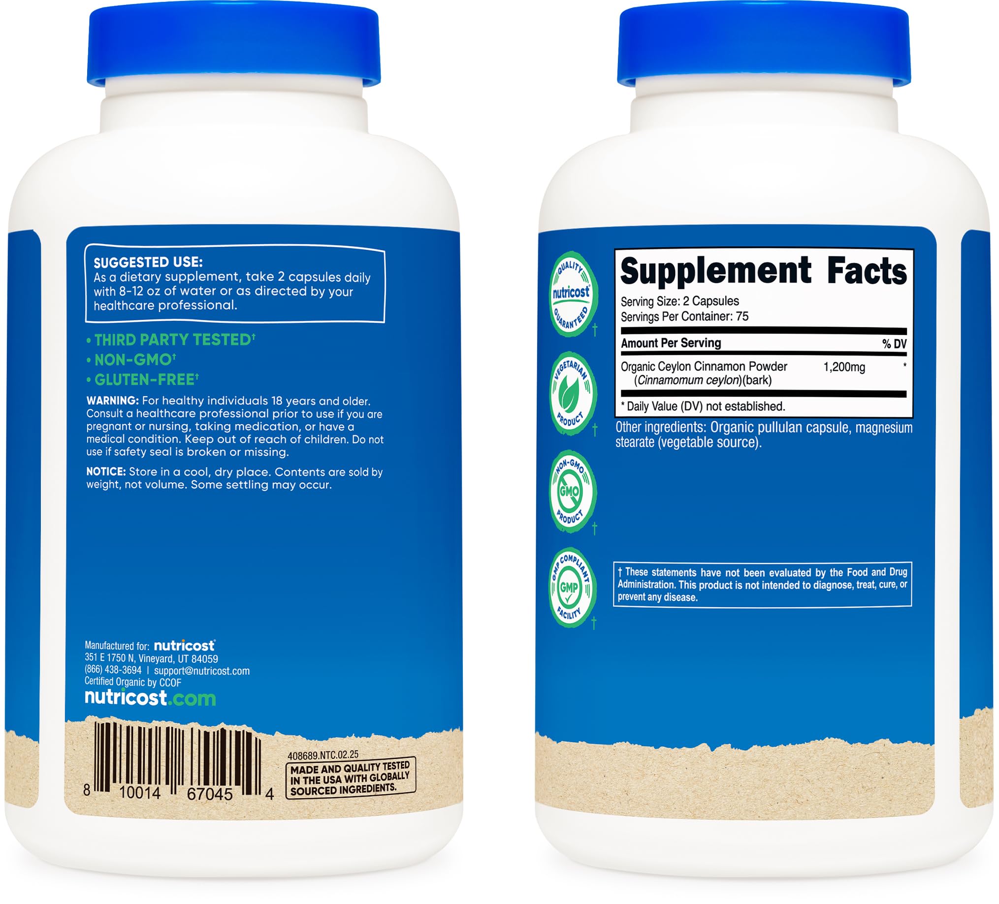 Flacon Nutricost Cannelle Bio Ceylon ouvert montrant les capsules.