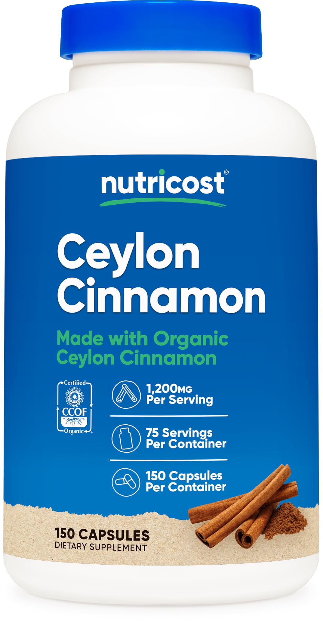 Nutricost Cannelle Bio Ceylon – bouteille de 150 capsules pour l’usage quotidien.