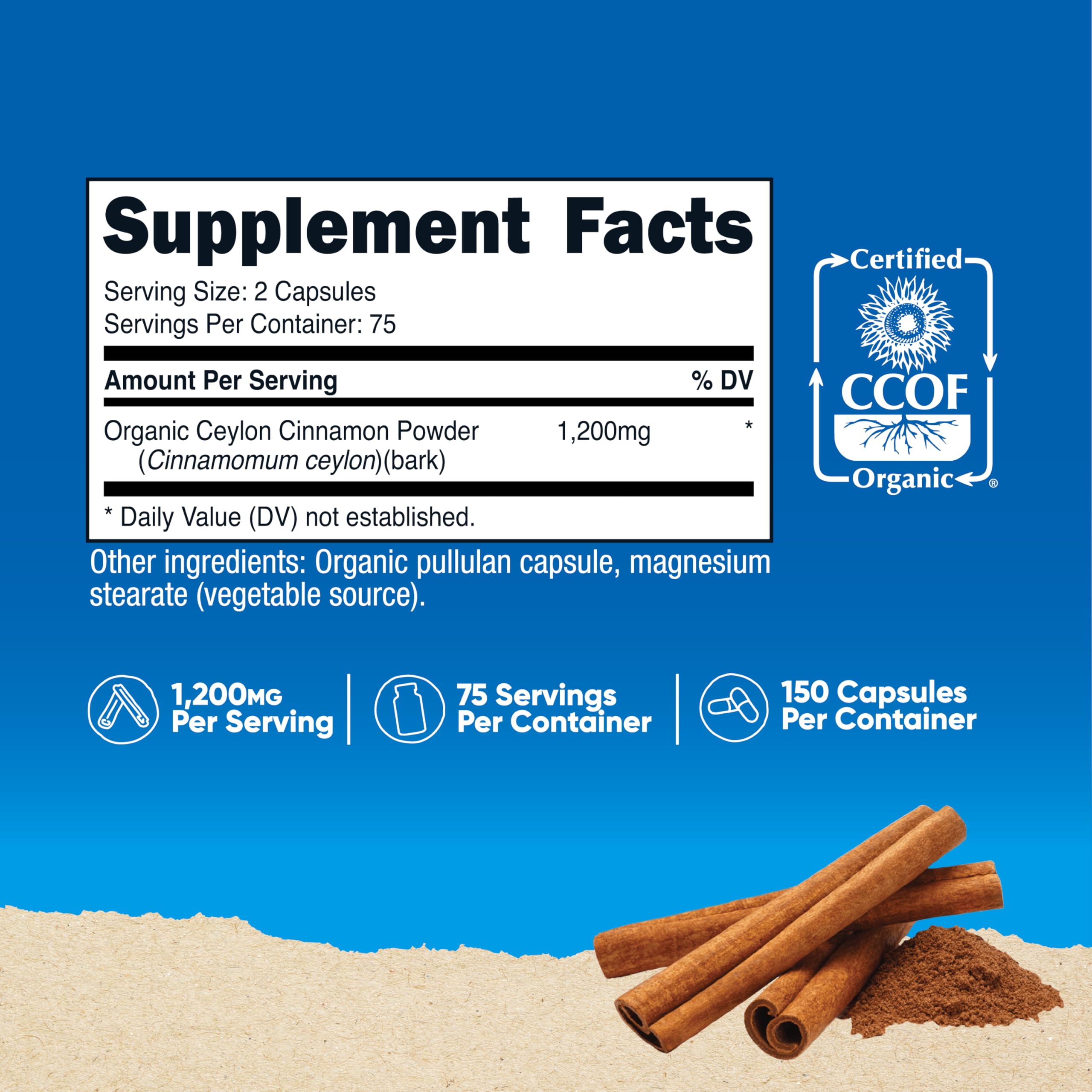 Capsules végétariennes Nutricost Cannelle Bio Ceylon faciles à avaler.