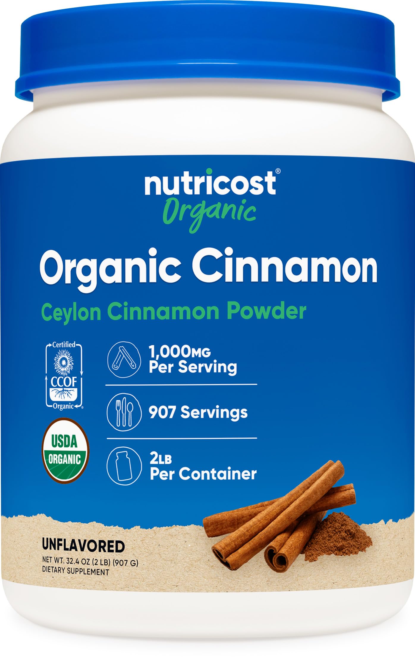 Nutricost Cannelle de Ceylan en bocal: poudre aromatique prête à l’emploi.