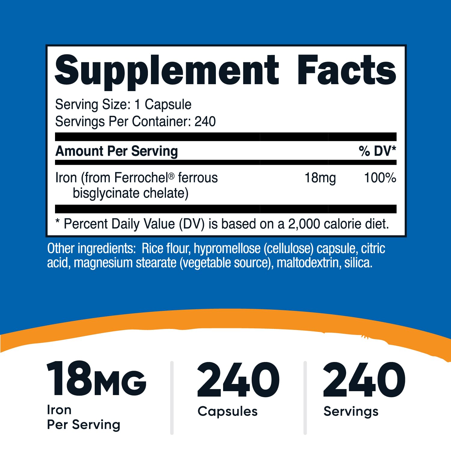 Nutricost – capsules fer chelaté 18 mg, faciles à avaler pour votre routine.