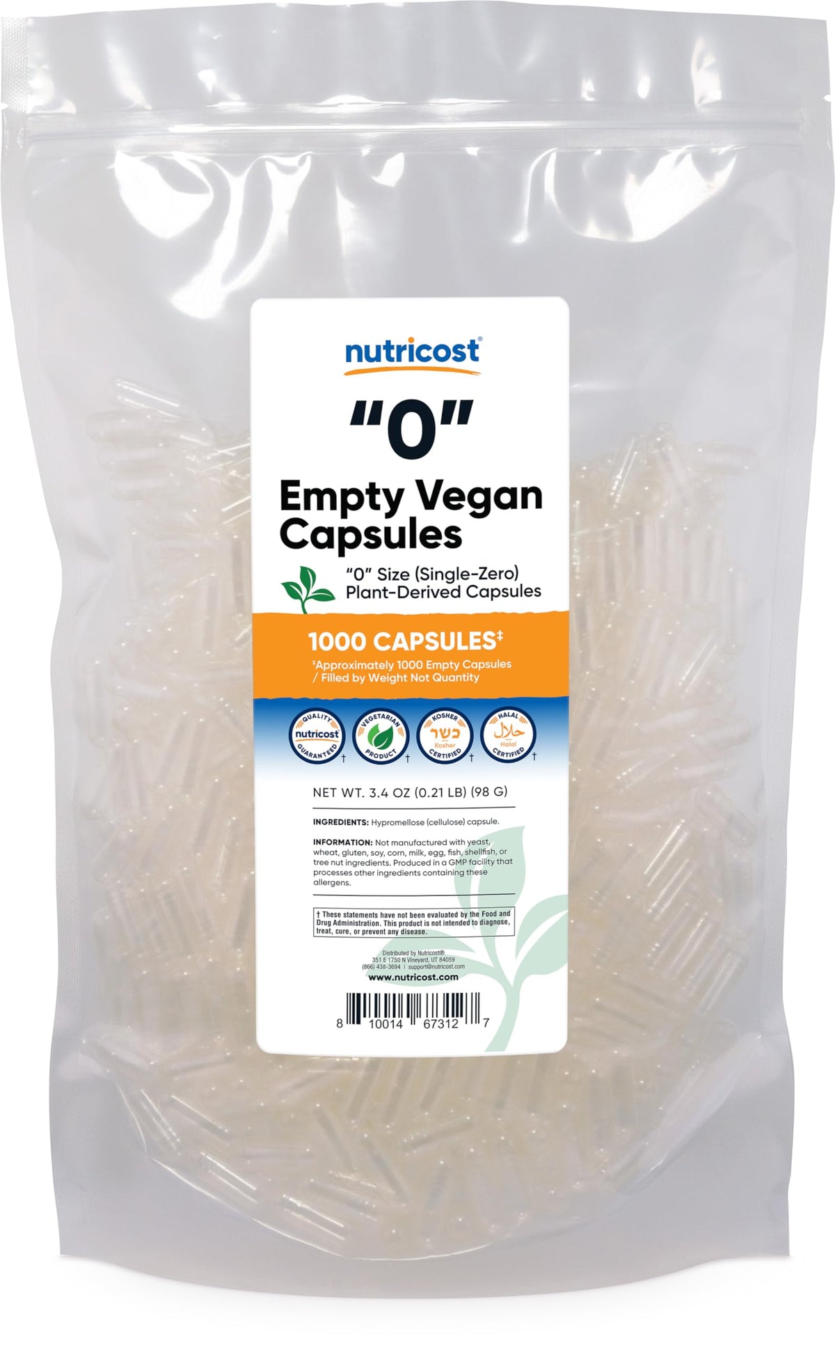 Capsules Nutricost vides taille 0 translucides, idéal pour vos préparations maison.