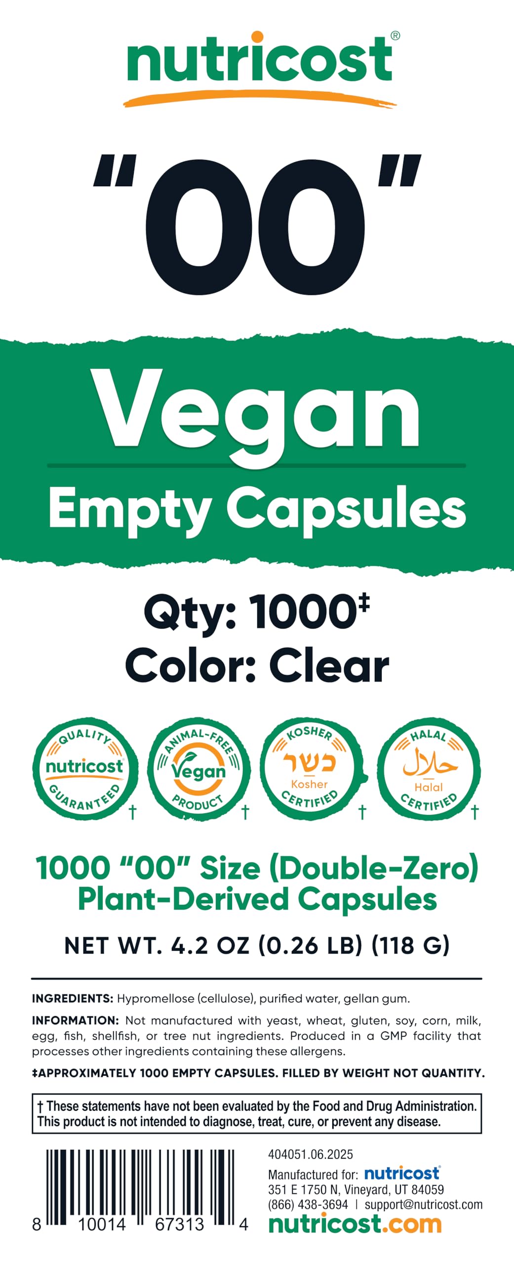 Nutricost capsules vides 600–1100 mg – dosages adaptés selon la densité de poudre.