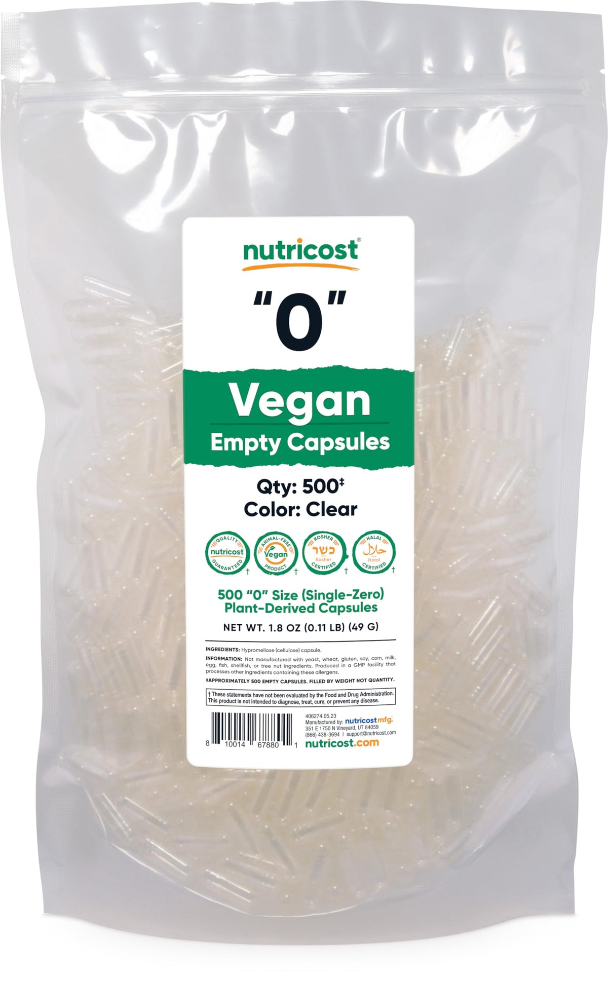 Capsules vides vegan Nutricost taille 0 transparentes, adaptées à la personnalisation des compléments.
