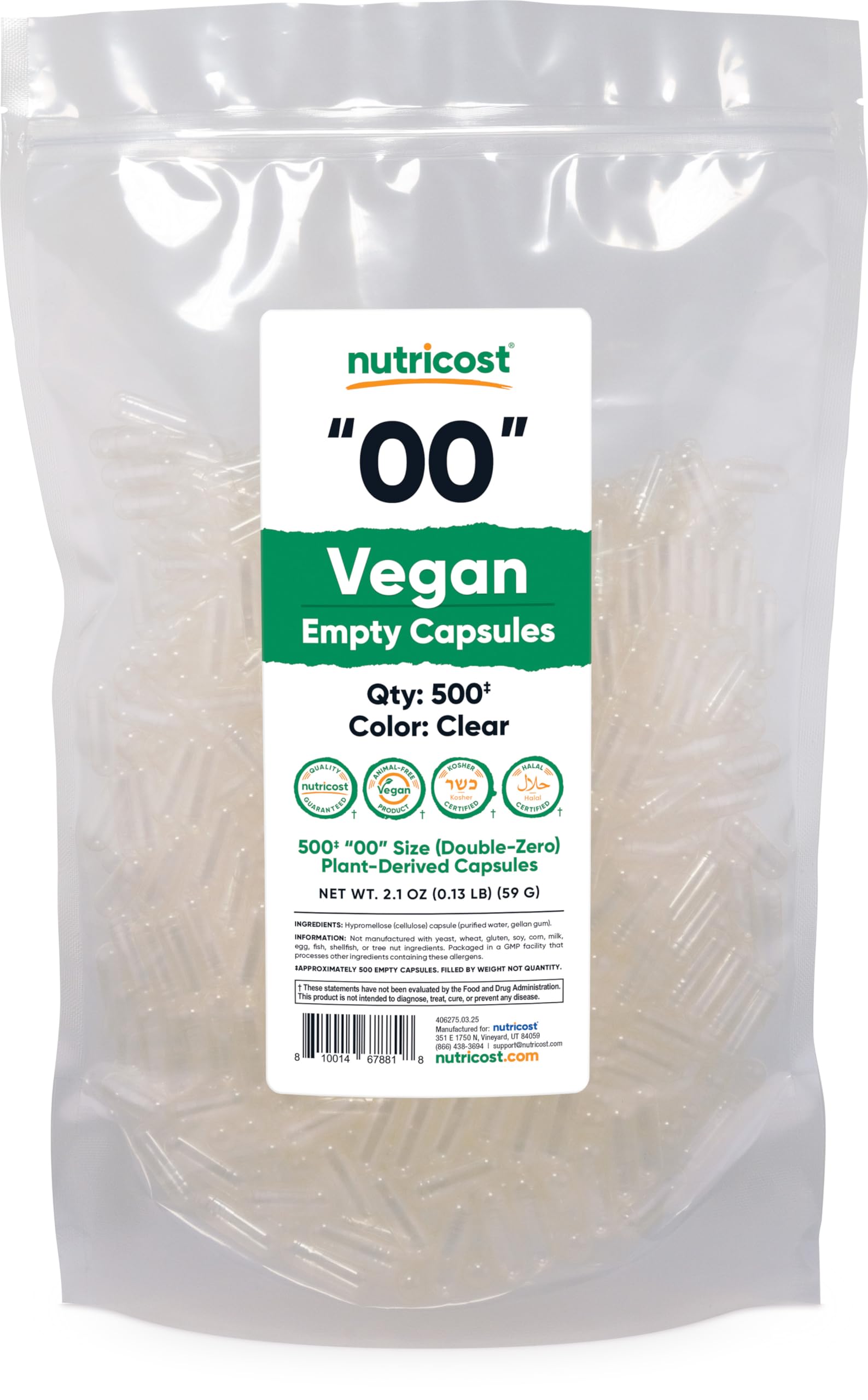 Nutricost capsules vides vegan taille 00 500: idéale pour créer des mélanges personnalisés.