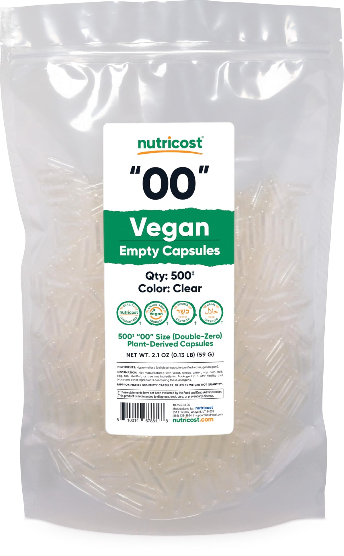 Nutricost capsules vides vegan taille 00 500: idéale pour créer des mélanges personnalisés.