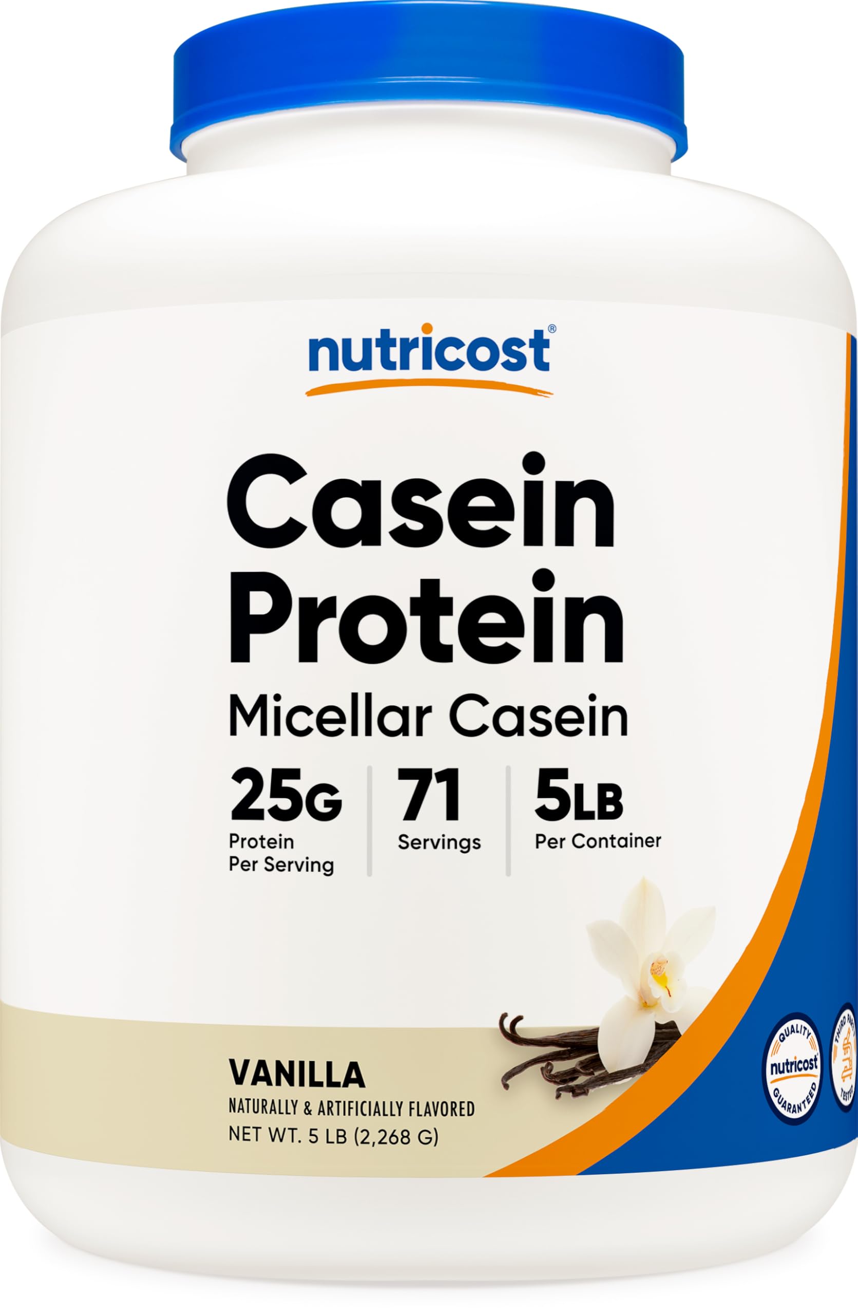 Nutricost Caséine Poudre Vanille dans un bocal, option protéique pratique pour collations.