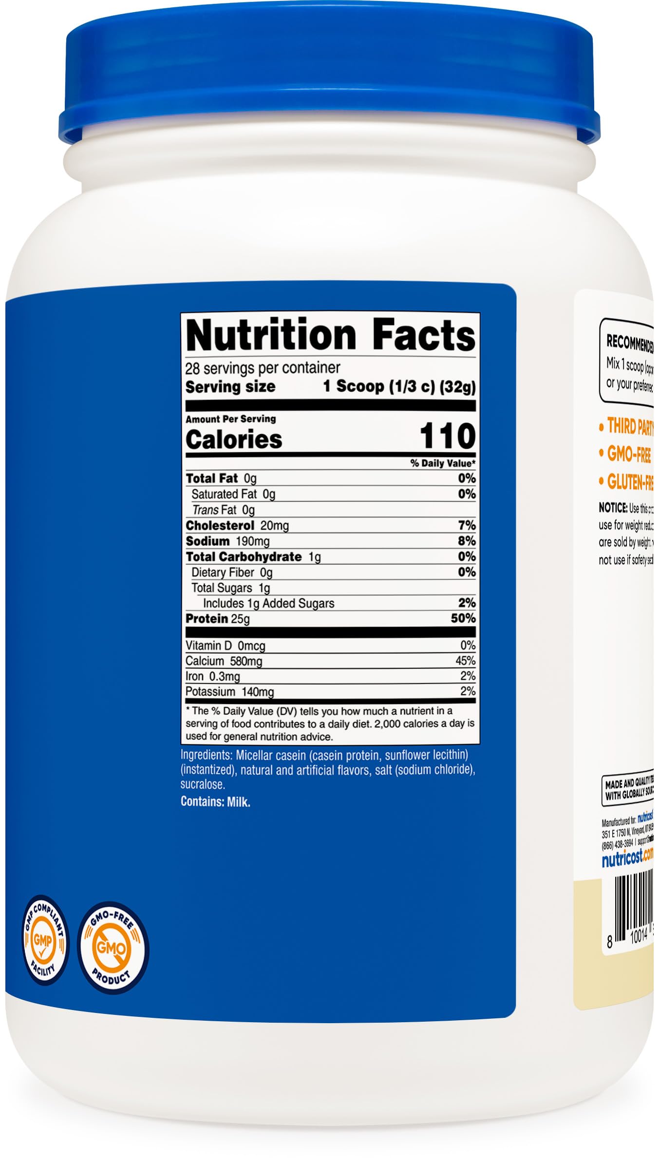 Nutricost Caseine Vanille, emballage clair indiquant ingrédients et valeurs nutritionnelles