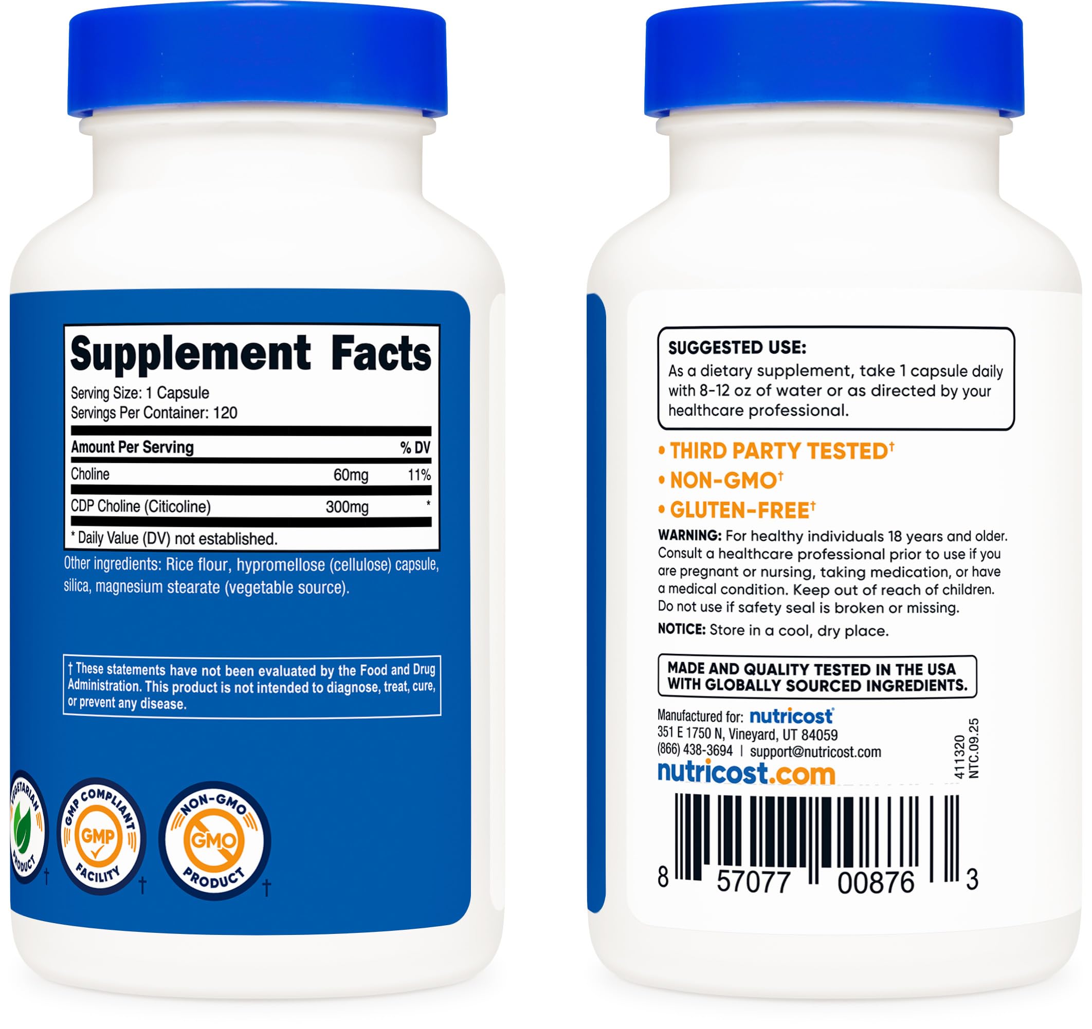 Nutricost CDP Choline 300 mg – boîte sans gluten et sans OGM
