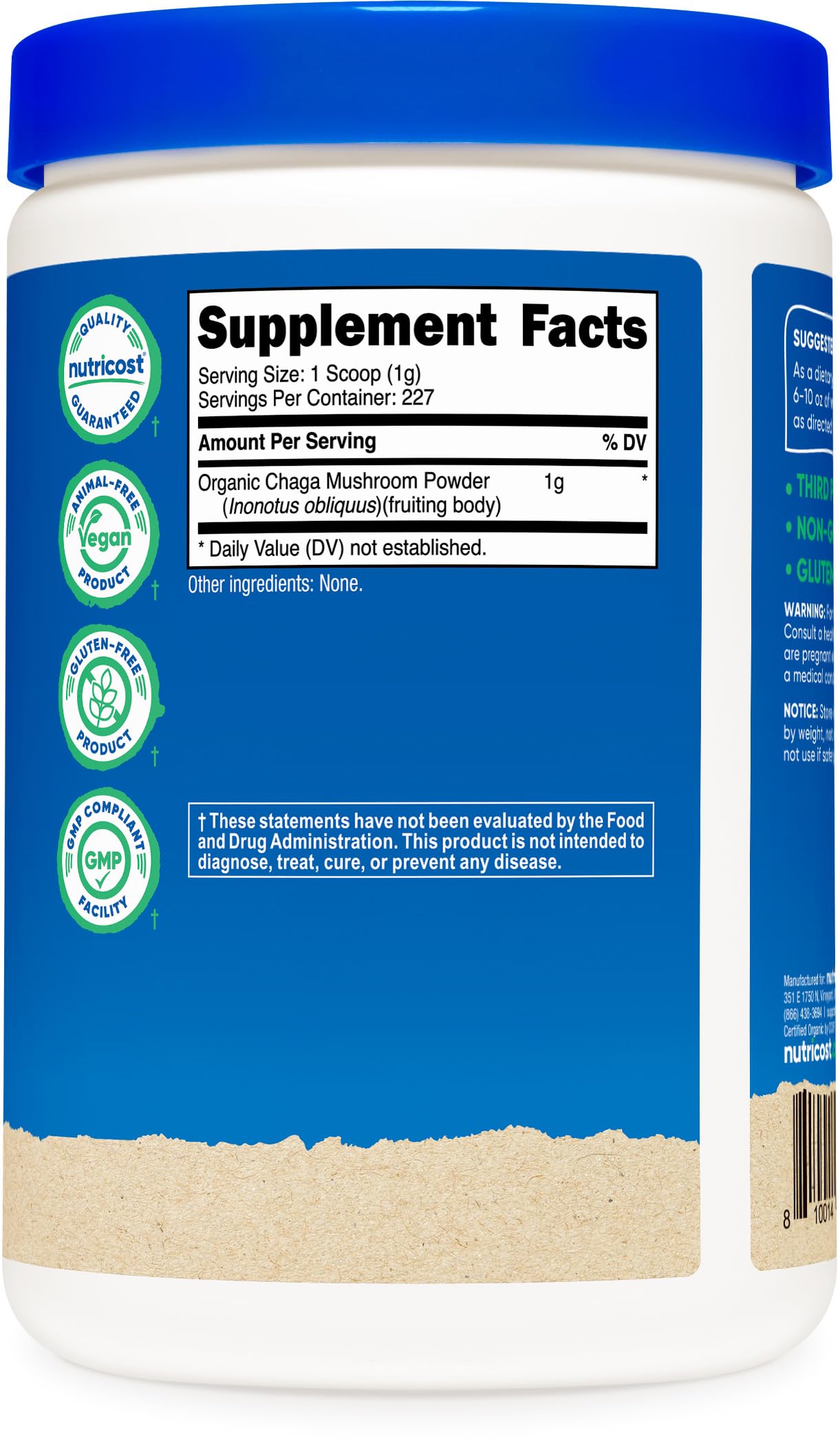 Nutricost Poudre Chaga Organique production dans une usine certifiée GMP et FDA