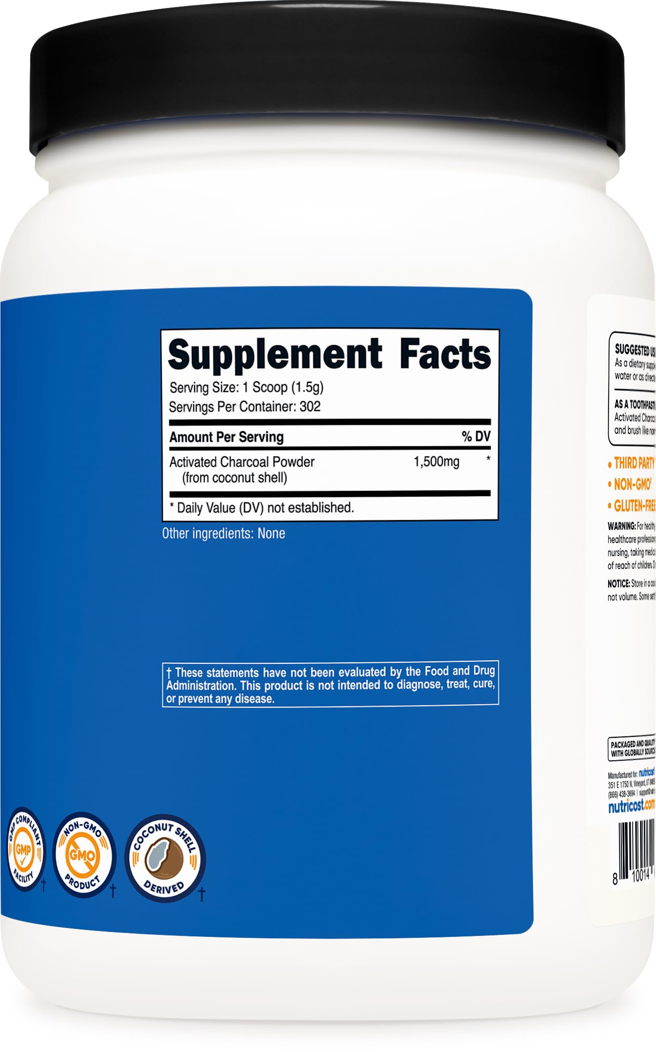 Nutricost Charbon Actif en Poudre – contrôle des odeurs efficace dans espaces et textiles.