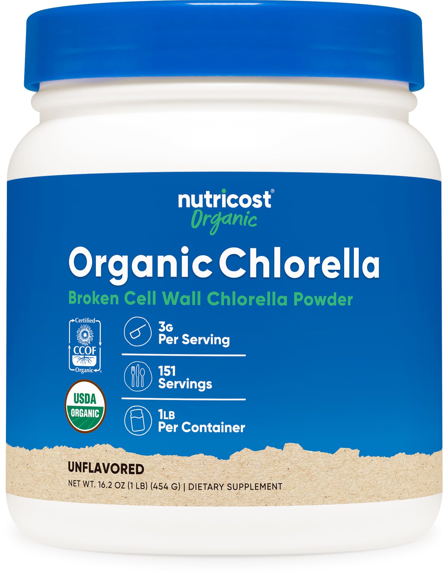 Nutricost chlorelle biologique en poudre dans la bouteille, pure et naturelle.