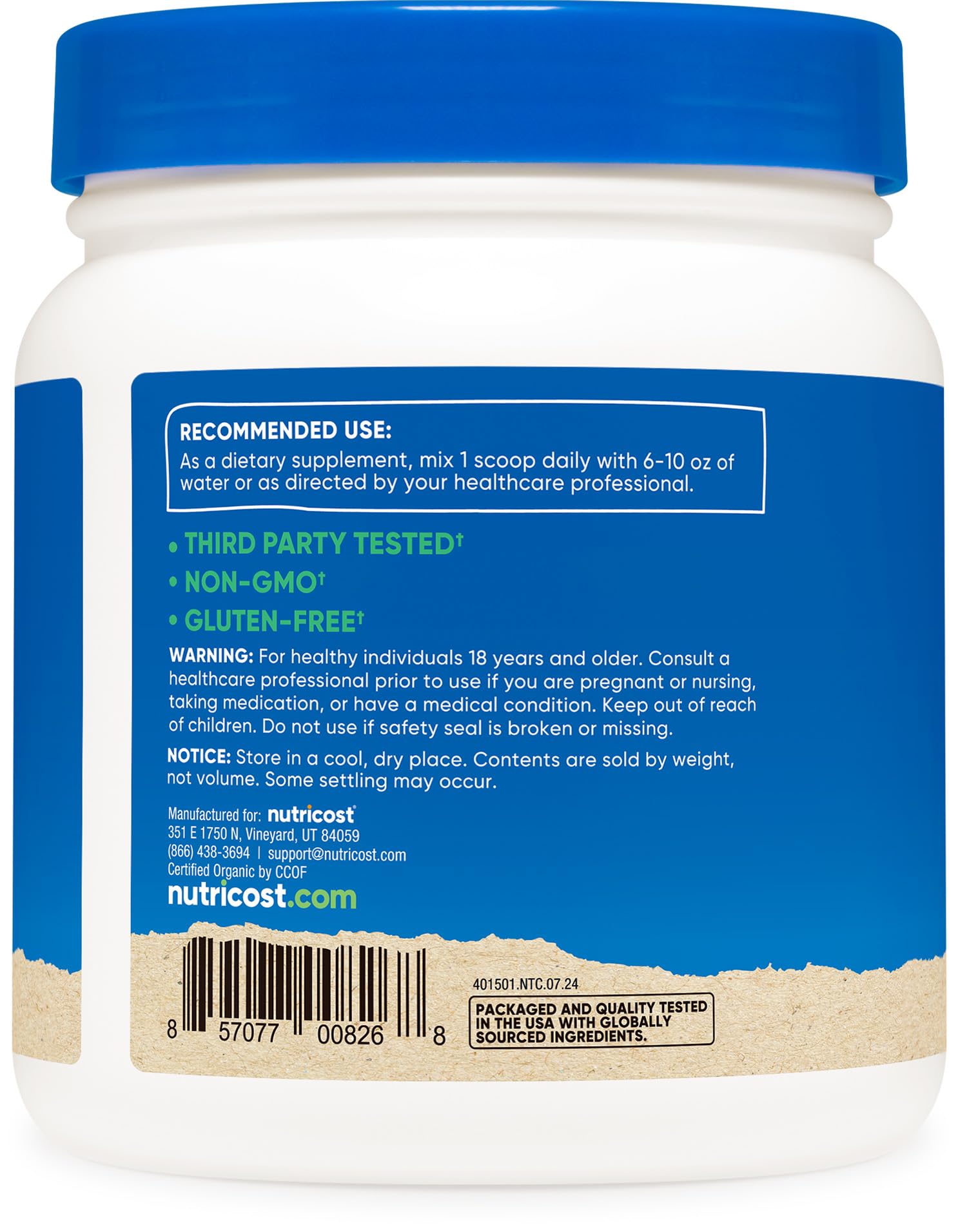 Étiquette Nutricost chlorelle sans ogm et certifications affichées.
