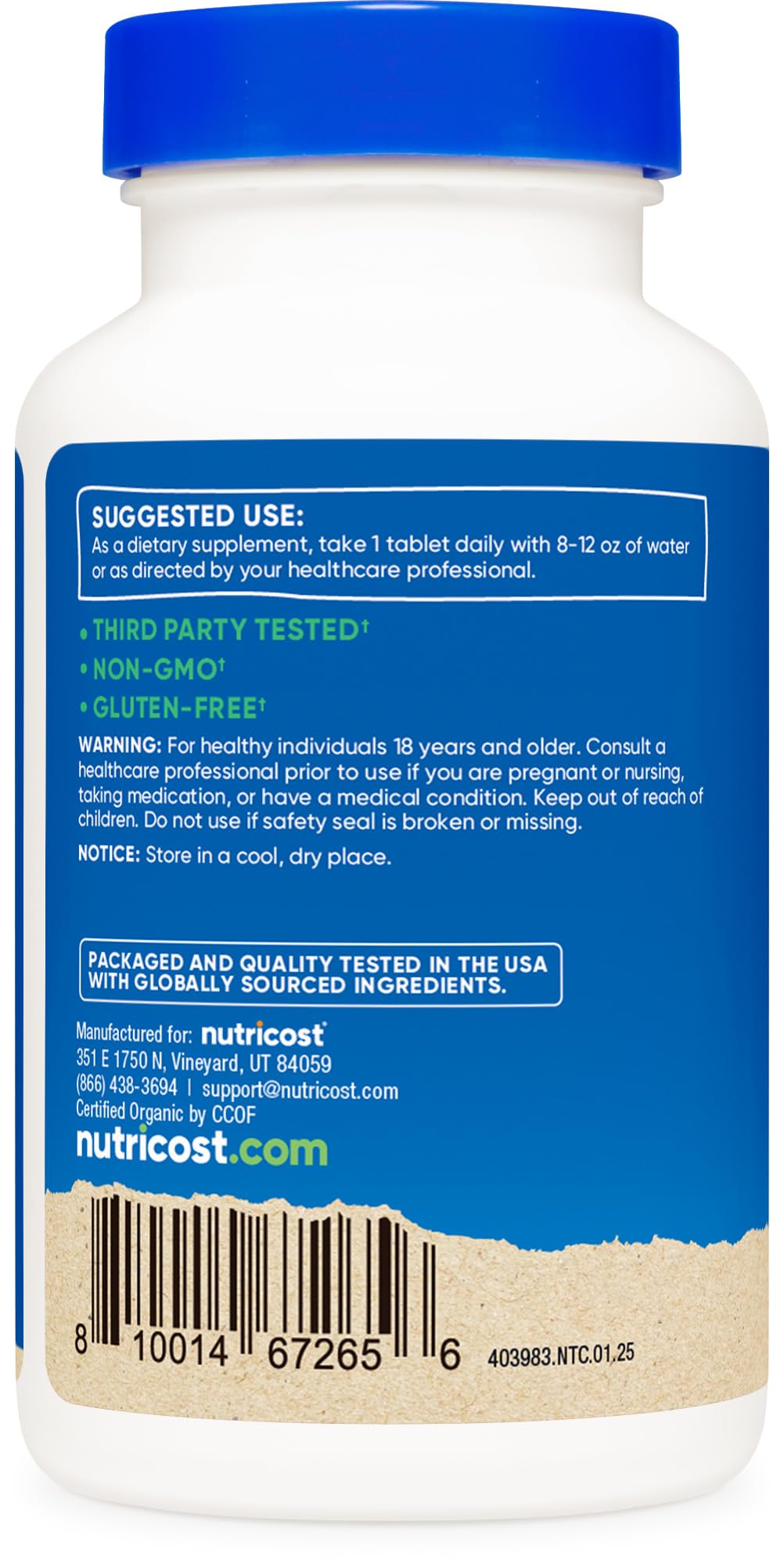 Nutricost Chlorella avec étiquettes et certifications visibles.