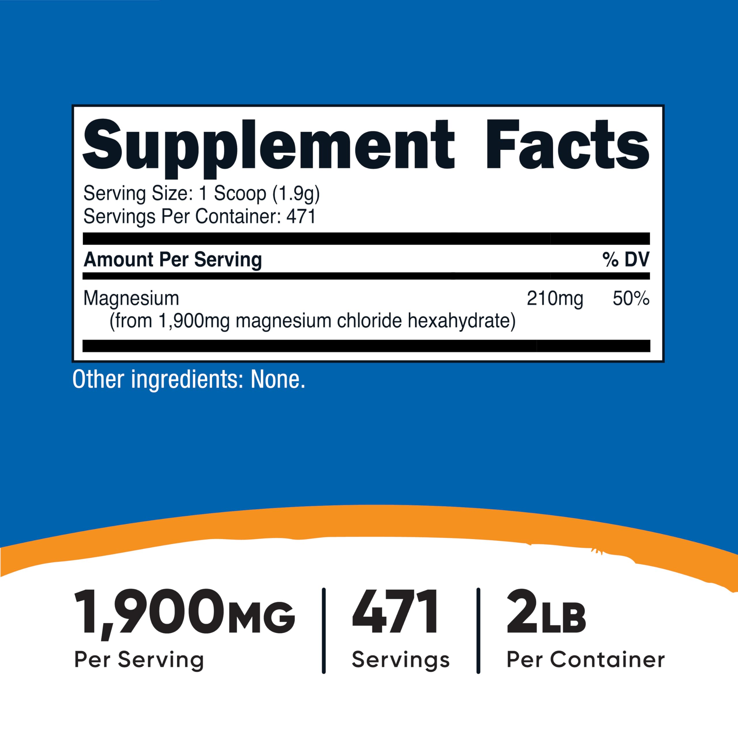 Nutricost Chlorure de magnésium 2 lb — étiquette claire pour vérifier les ingrédients.